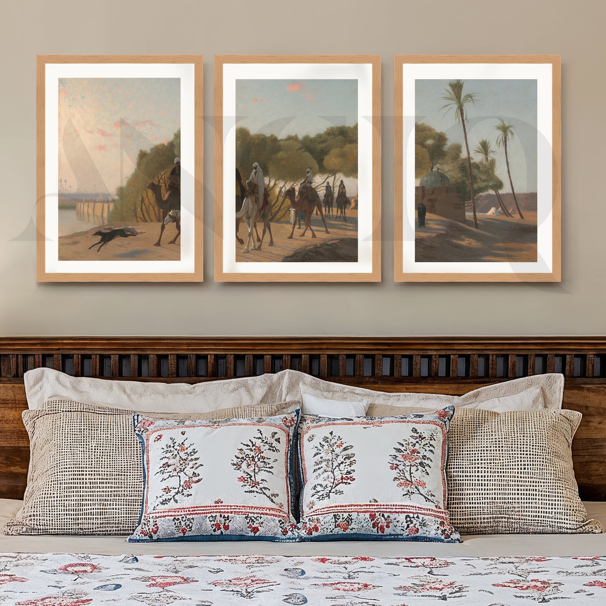 Desert Caravan Landscape Gallery Wall – Set of 3 Vintage Oriental Artworks - 18 x 24 Inches for Stylish Bedroom