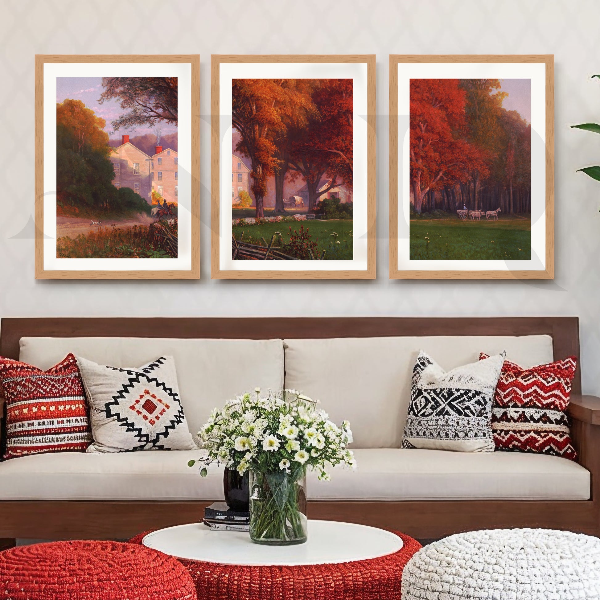 Autumn Countryside Estate Gallery Wall – Set of 3 Classic Landscape Artworks - 18 x 24 Inches for Living Room
