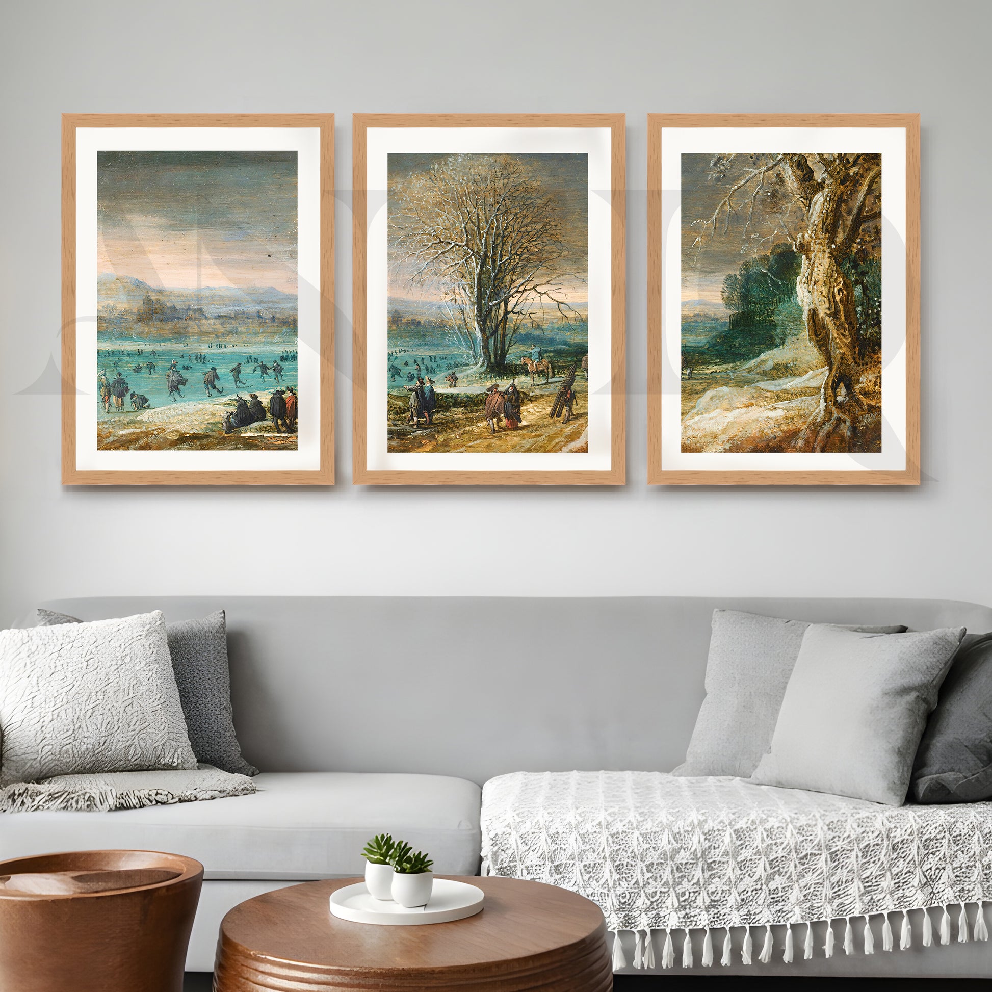 Winter Lakeside Life Gallery Wall – Set of 3 Classical European Landscape Artworks - 18 x 24 Inches for Living Room