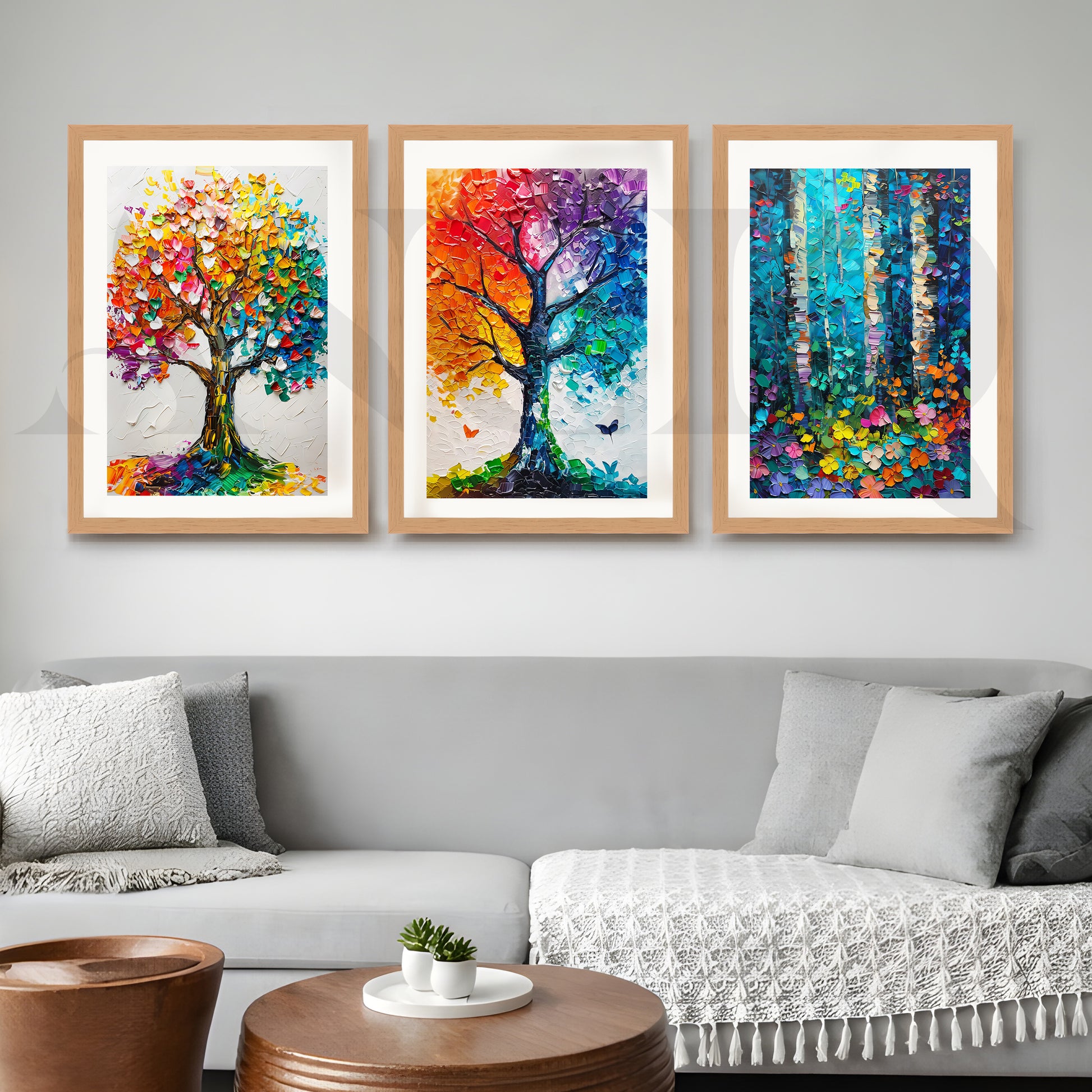 Vibrant Nature Mosaic Gallery Wall – Set of 3 Colorful Tree Artworks - 18 x 24 Inches for Living Room
