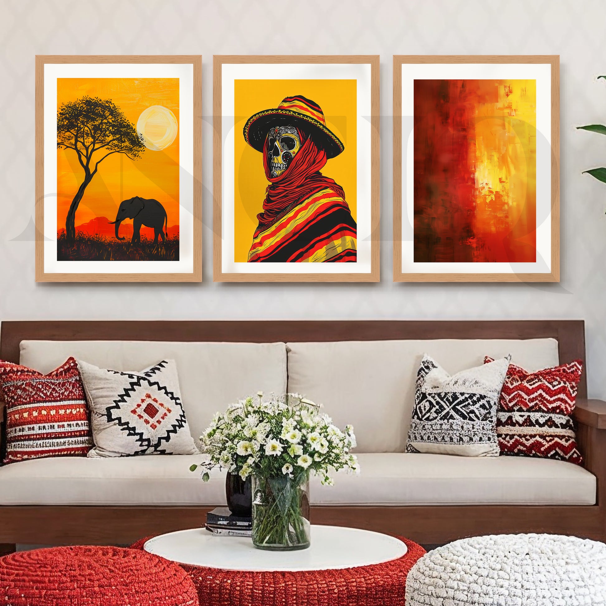 Golden Horizon Tribal Fusion Gallery Wall – Set of 3 Contemporary Artworks - 18 x 24 Inches for Living Room
