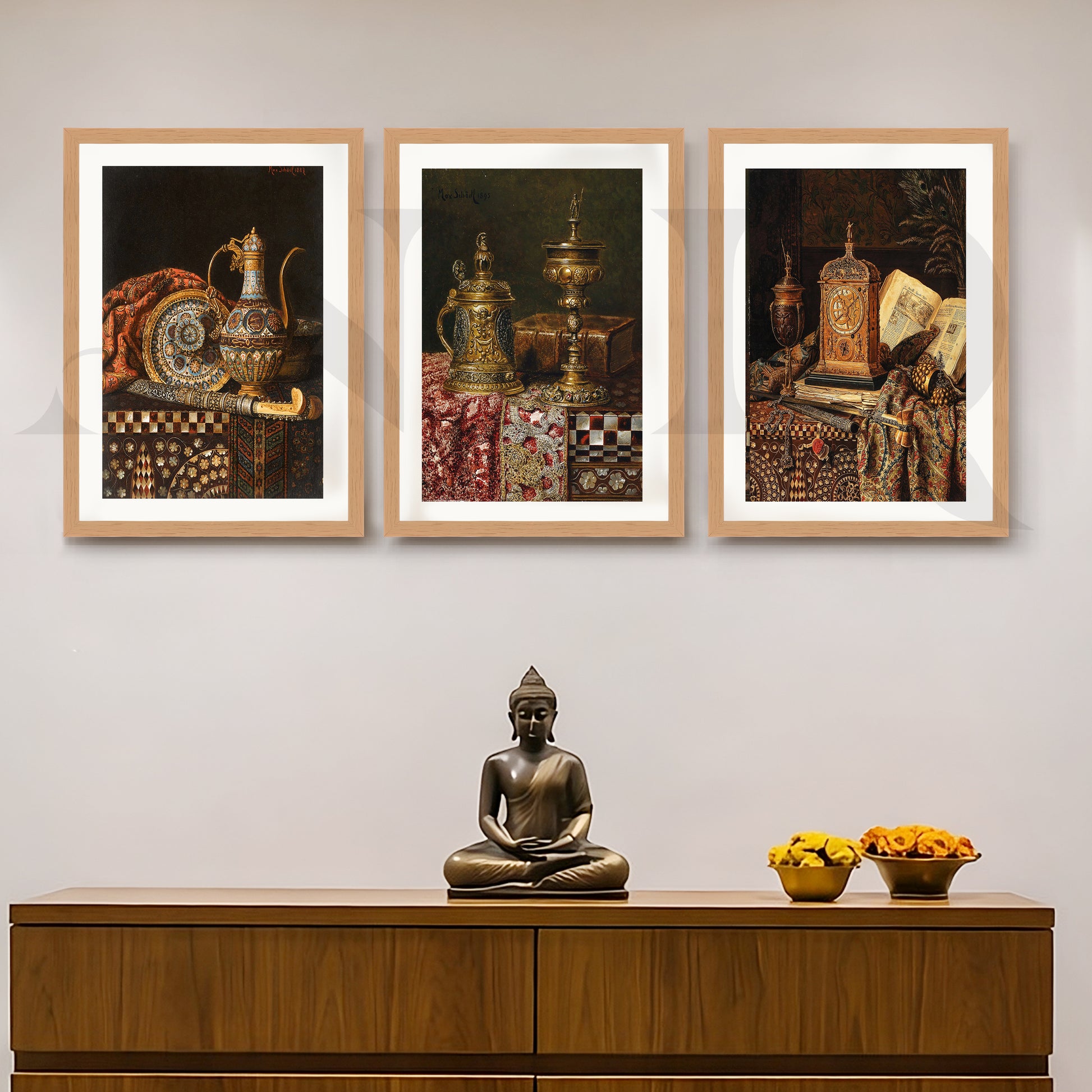 Vintage Antique Artefacts Gallery Wall – Set of 3 Classic Still Life Artworks - 18 x 24 Inches for Entryway/Hallway