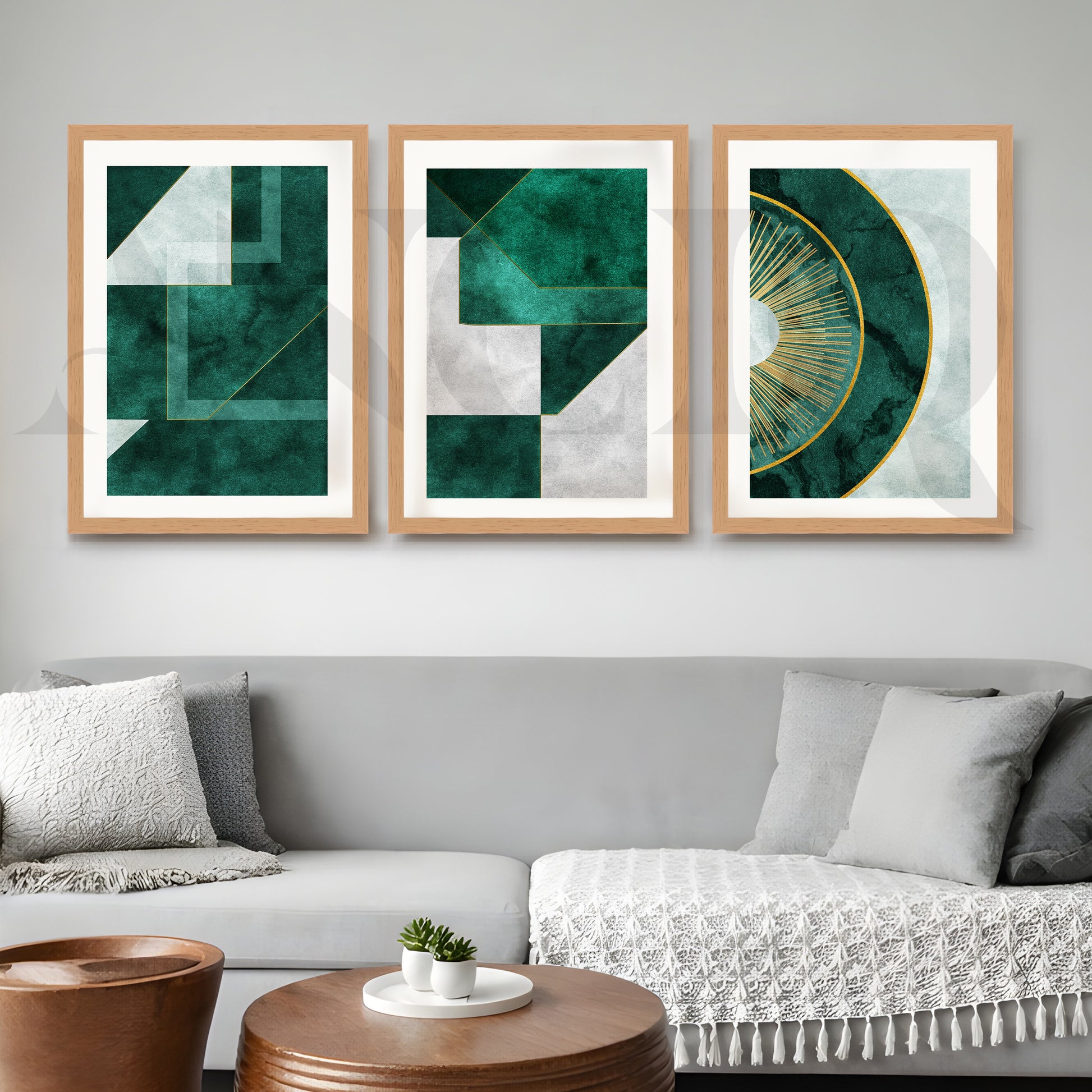 Emerald Luxe Geometry Gallery Wall – Set of 3 Modern Abstract Artworks - 18 x 24 Inches for Living Room