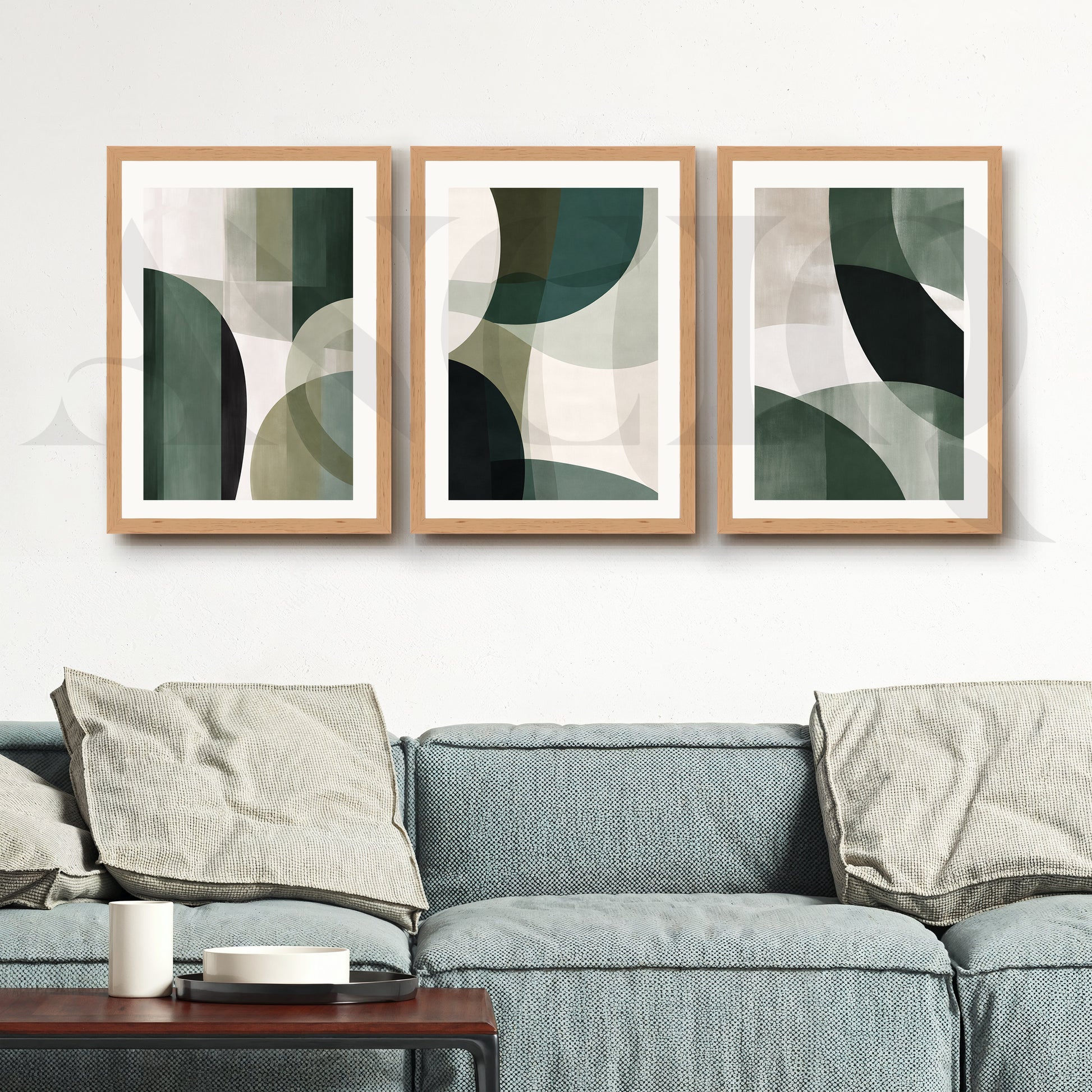 Deep Green Geometric Flow Gallery Wall – Set of 3 Abstract Artworks - 18 x 24 Inches for Living Room