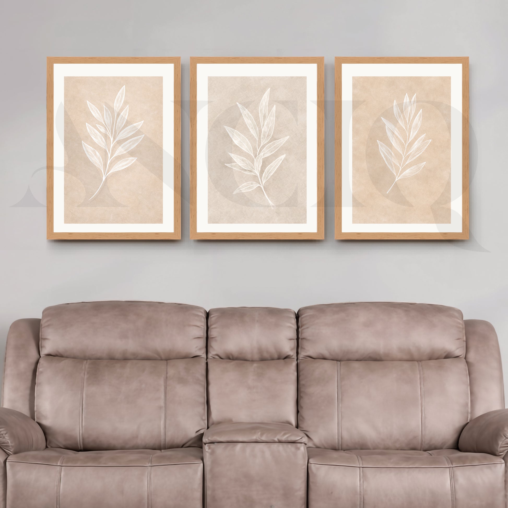 Minimal Leaf Imprint Gallery Wall – Set of 3 Botanical Artworks - 18 x 24 Inches for Living Room