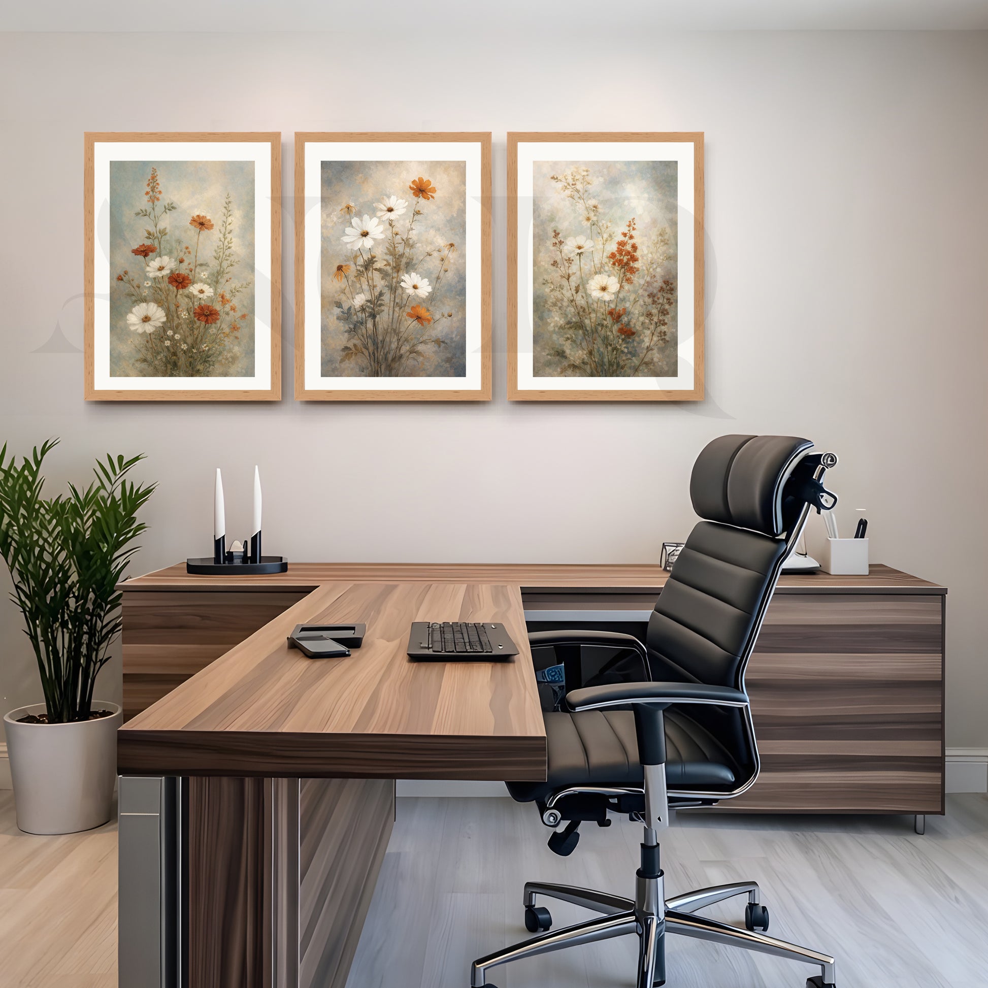 Vintage Wildflower Meadow Gallery Wall – Set of 3 Floral Artworks - 18 x 24 Inches for Office/Study Room