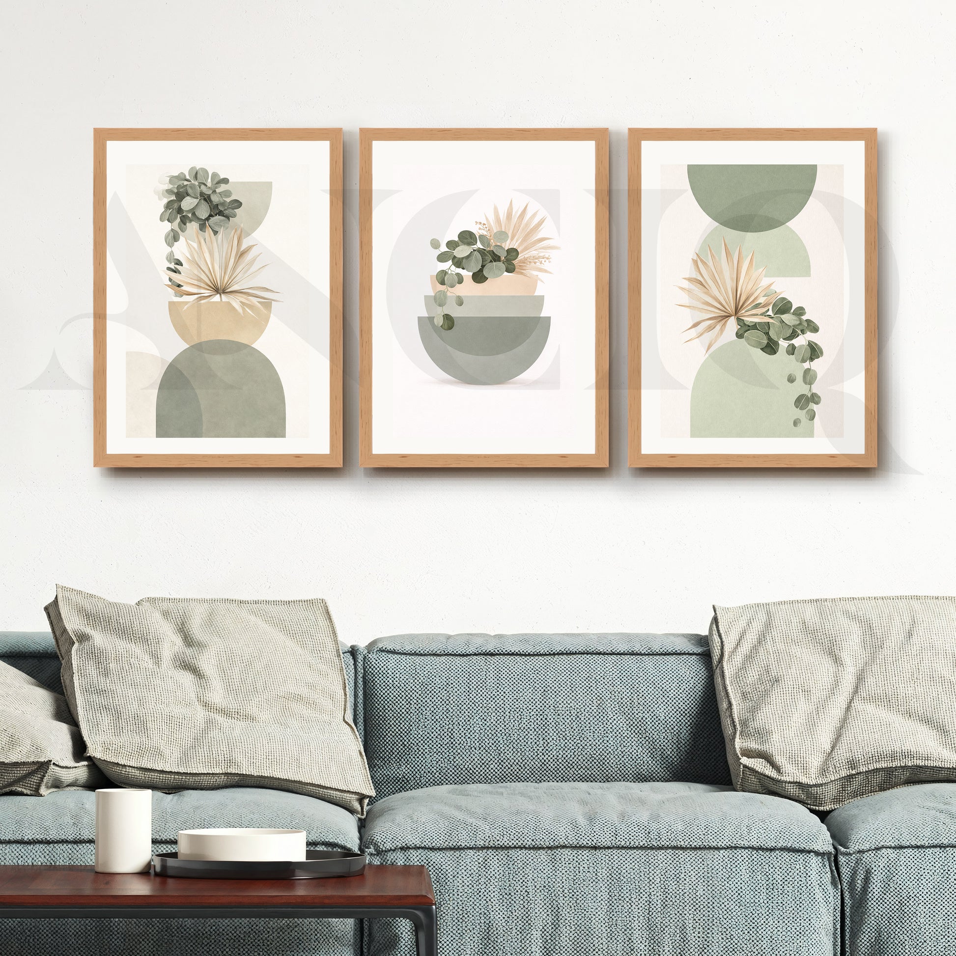 Soft Sage Botanical Balance Gallery Wall – Set of 3 Modern Nature Artworks - 18 x 24 Inches for Living Room