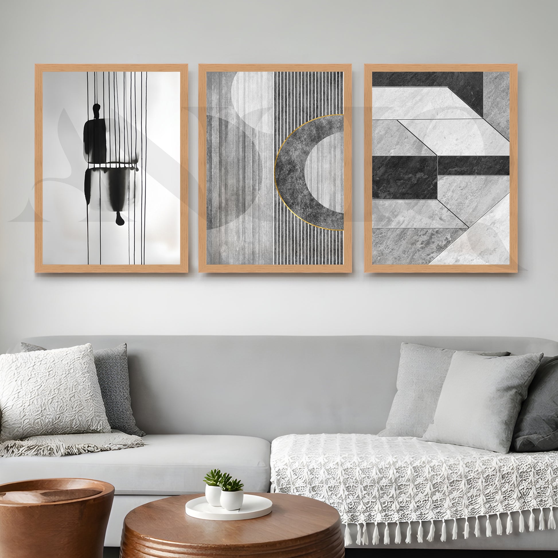Monochrome Modern Geometry Gallery Wall – Set of 3 Minimal Abstract Artworks - 18 x 24 Inches for Office/Study Room
