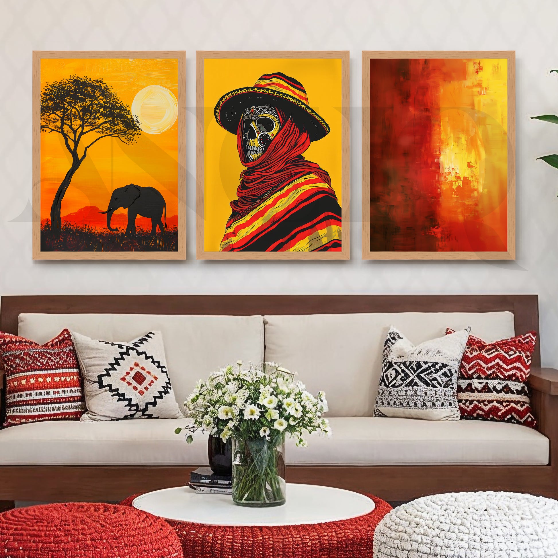 Golden Horizon Tribal Fusion Gallery Wall – Set of 3 Contemporary Artworks - 18 x 24 Inches for Living Room
