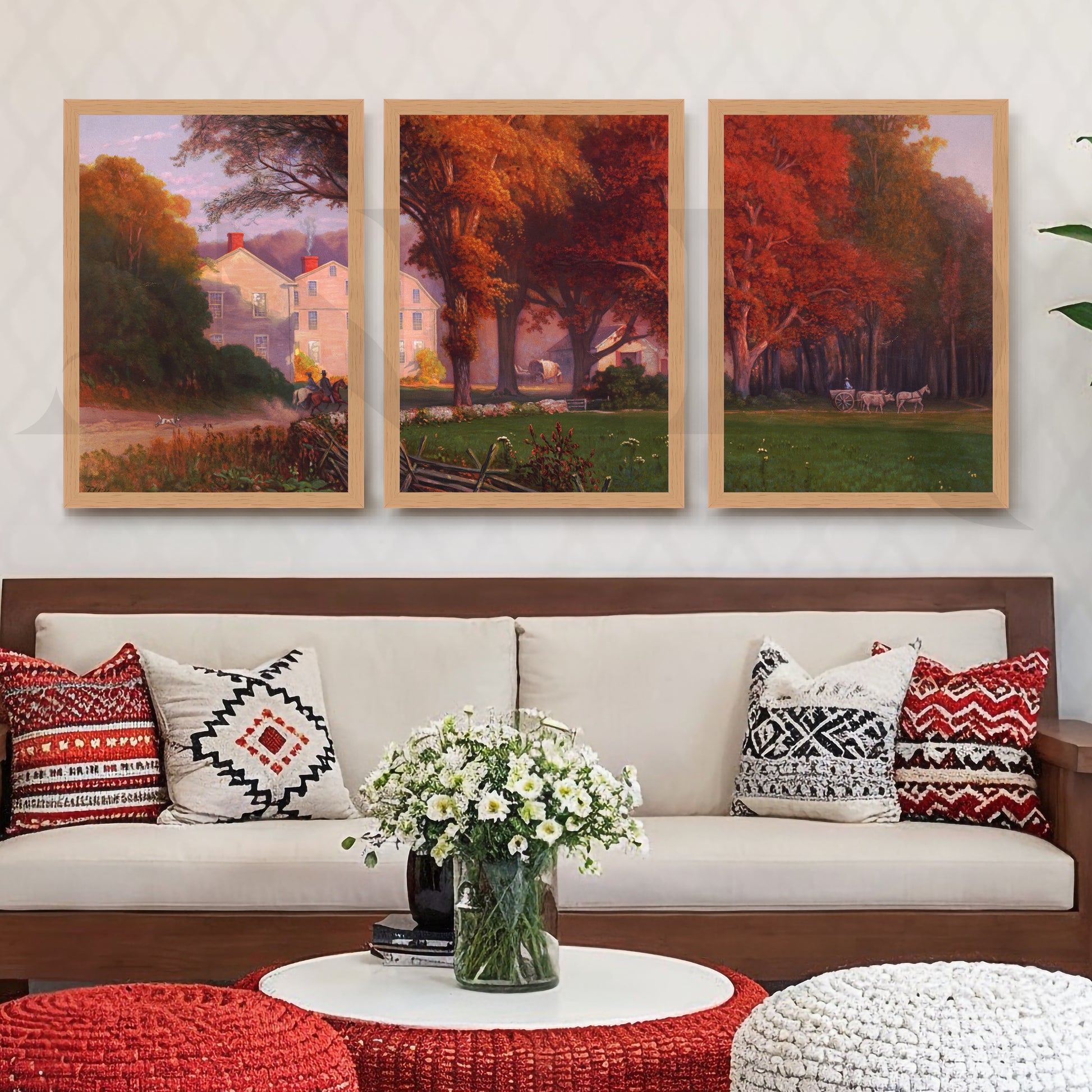 Autumn Countryside Estate Gallery Wall – Set of 3 Classic Landscape Artworks - 18 x 24 Inches for Living Room