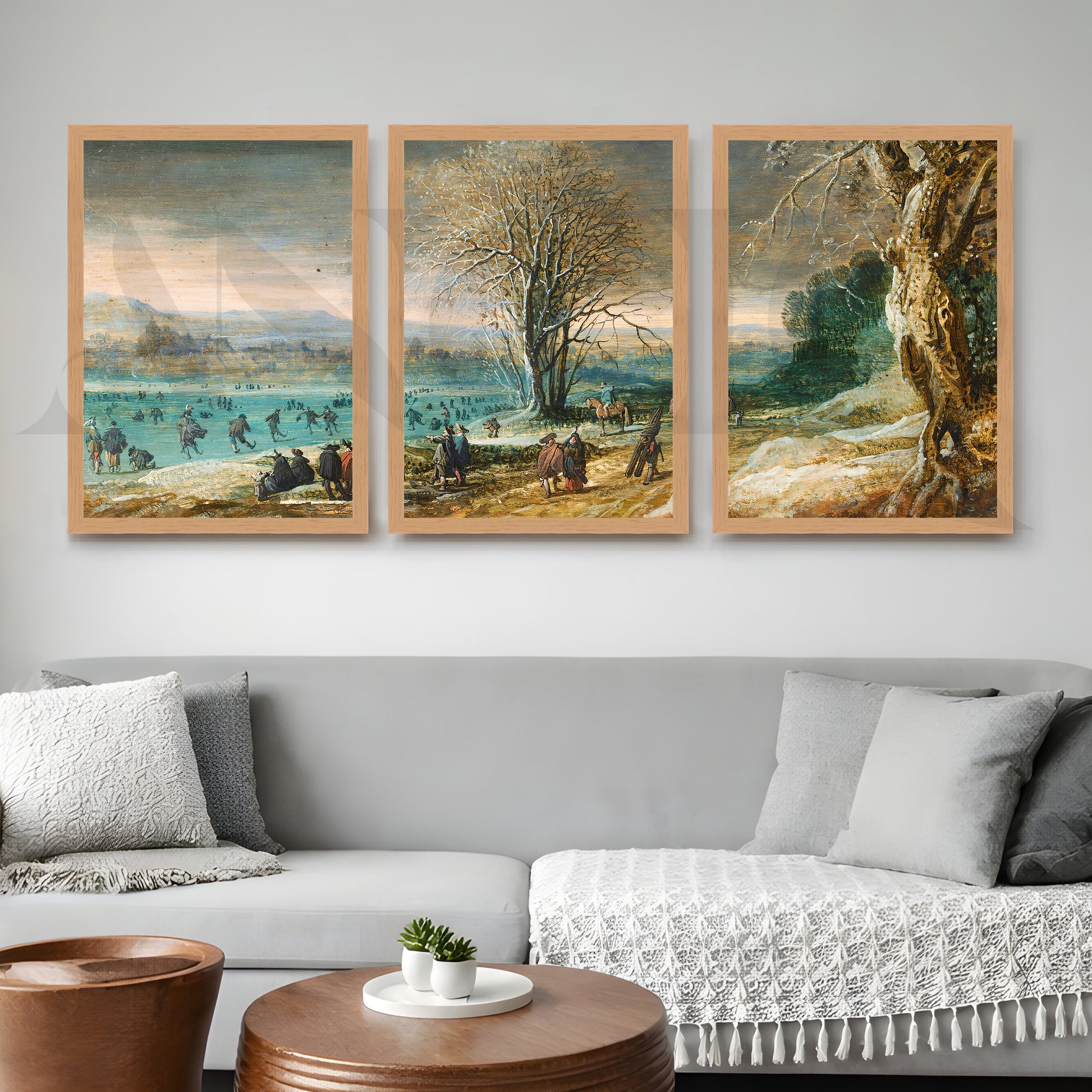 Winter Lakeside Life Gallery Wall – Set of 3 Classical European Landscape Artworks - 18 x 24 Inches for Living Room