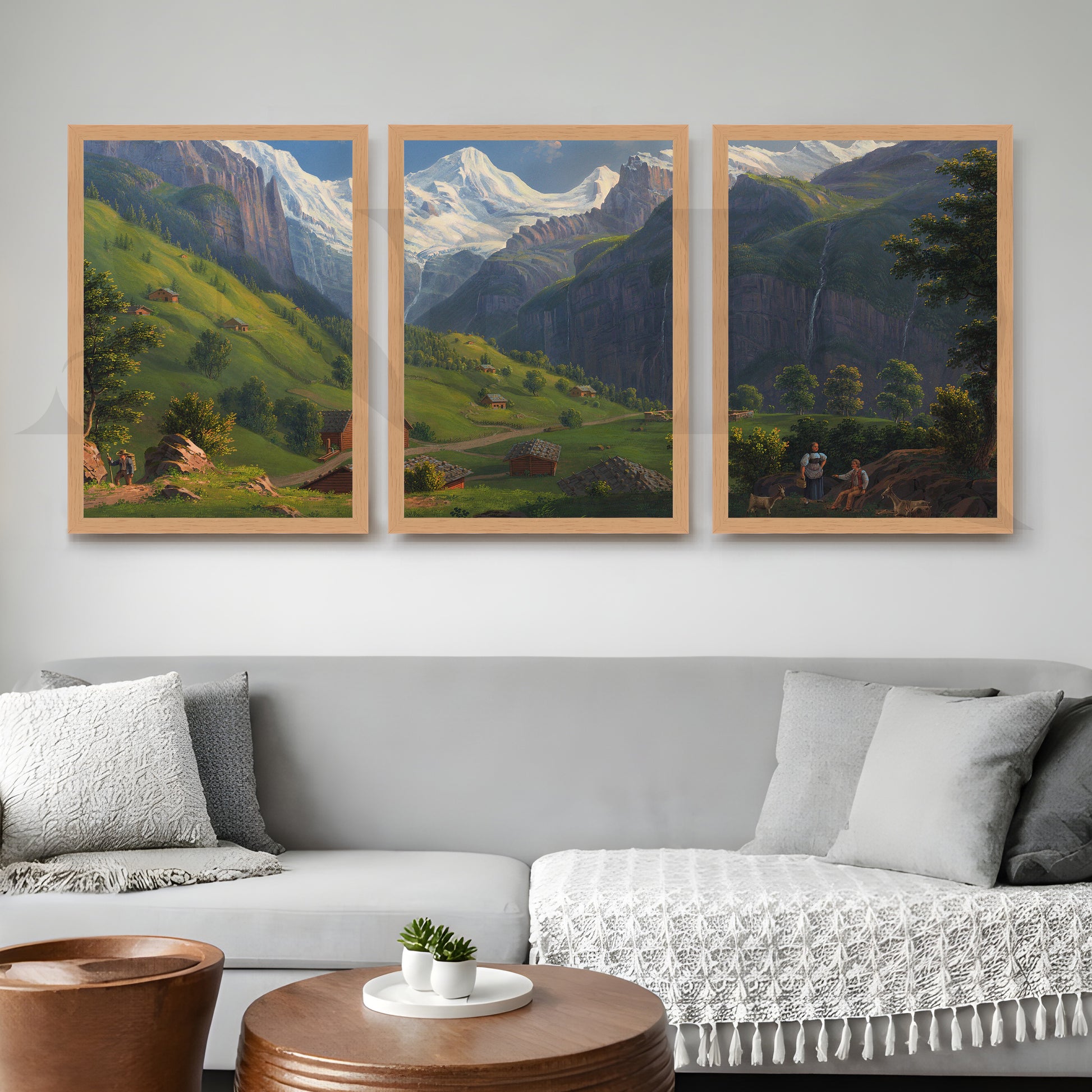 Alpine Valley Landscape Gallery Wall – Set of 3 Classic Mountain Artworks - 18 x 24 Inches for Living Room