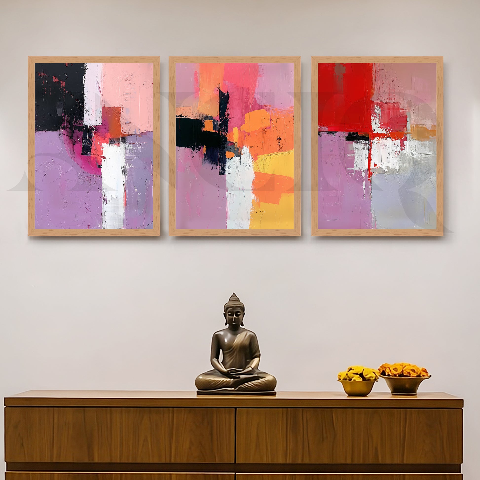 Blush & Crimson Abstract Gallery Wall – Set of 3 Contemporary Artworks - 18 x 24 Inches for Entryway/Hallway