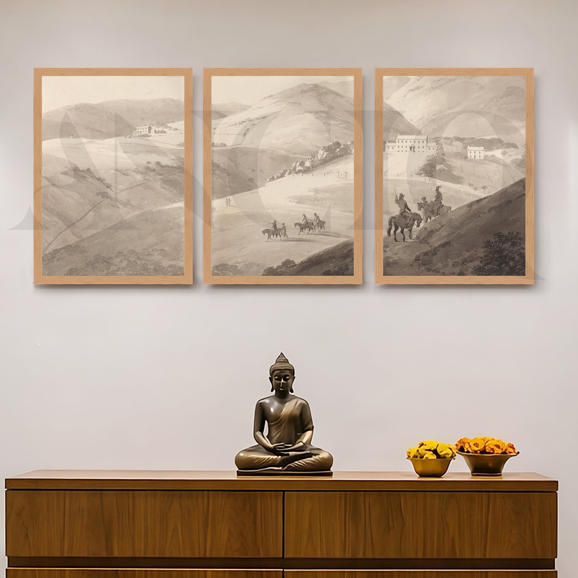 Timeless Countryside Sketch Gallery Wall – Set of 3 Monochrome Landscape Artworks - 18 x 24 Inches for Entryway/Hallway