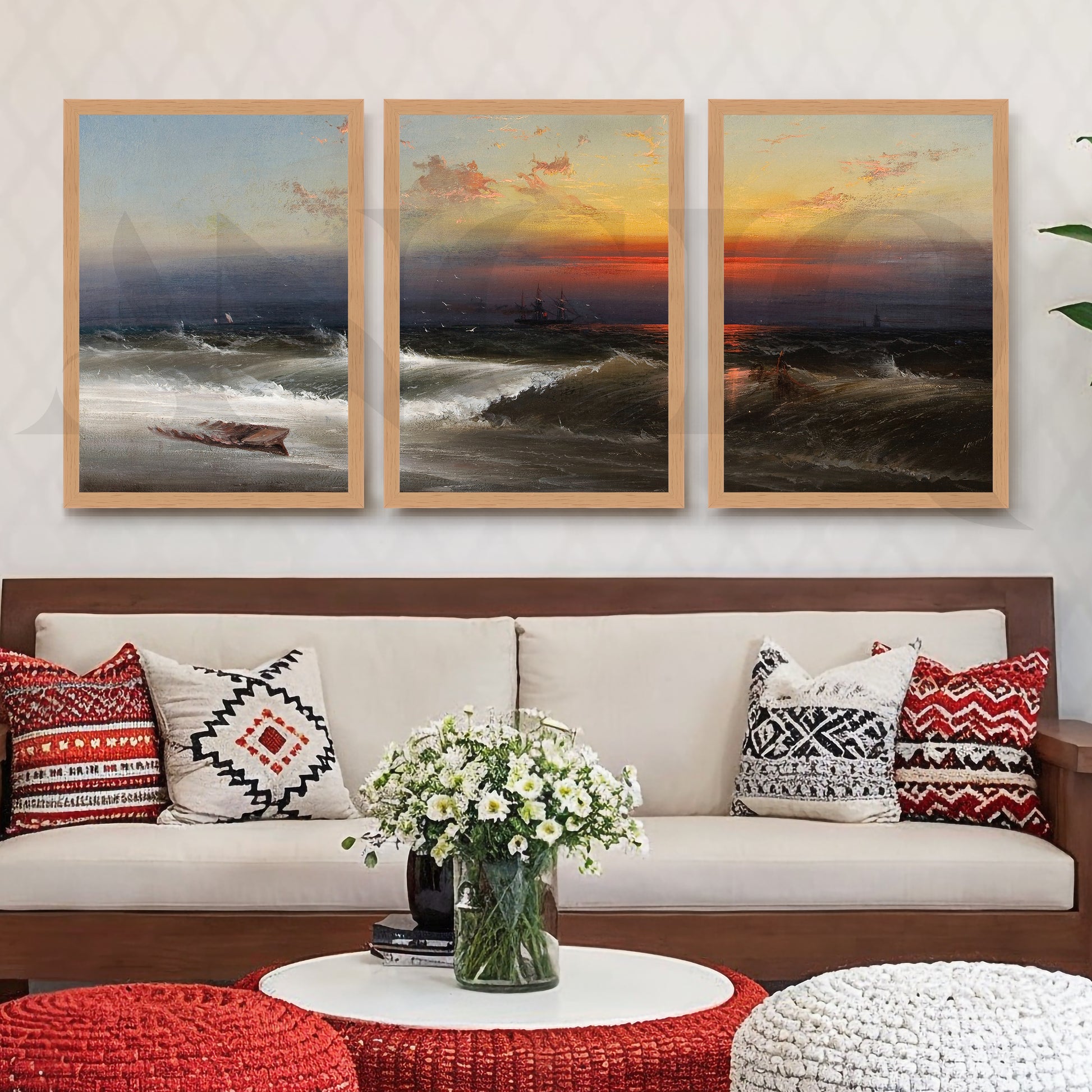 Dramatic Ocean Sunset Gallery Wall – Set of 3 Seascape Artworks - 18 x 24 Inches for Living Room