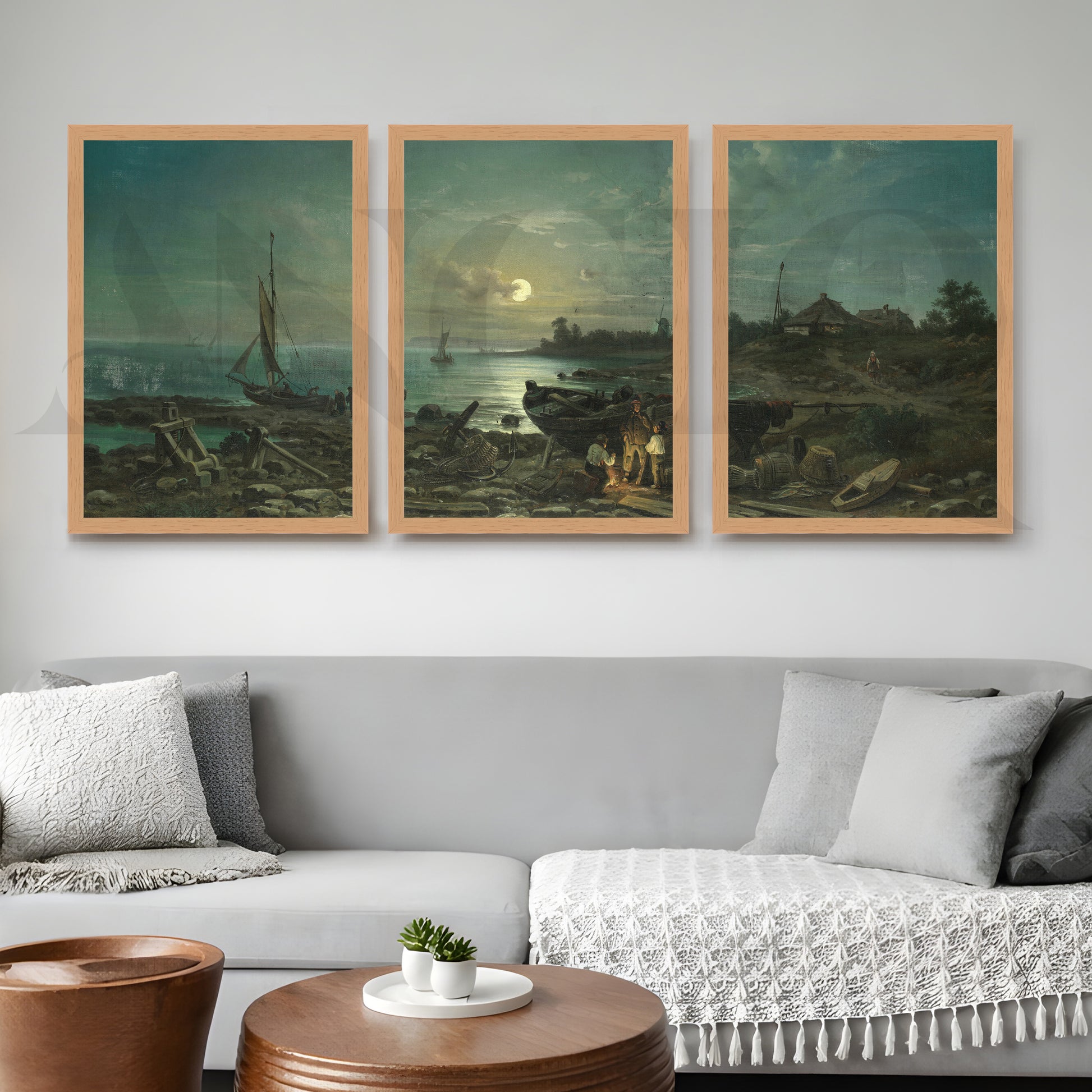 Moonlit Coastal Harbor Gallery Wall – Set of 3 Vintage Maritime Artworks - 18 x 24 Inches for Living Room