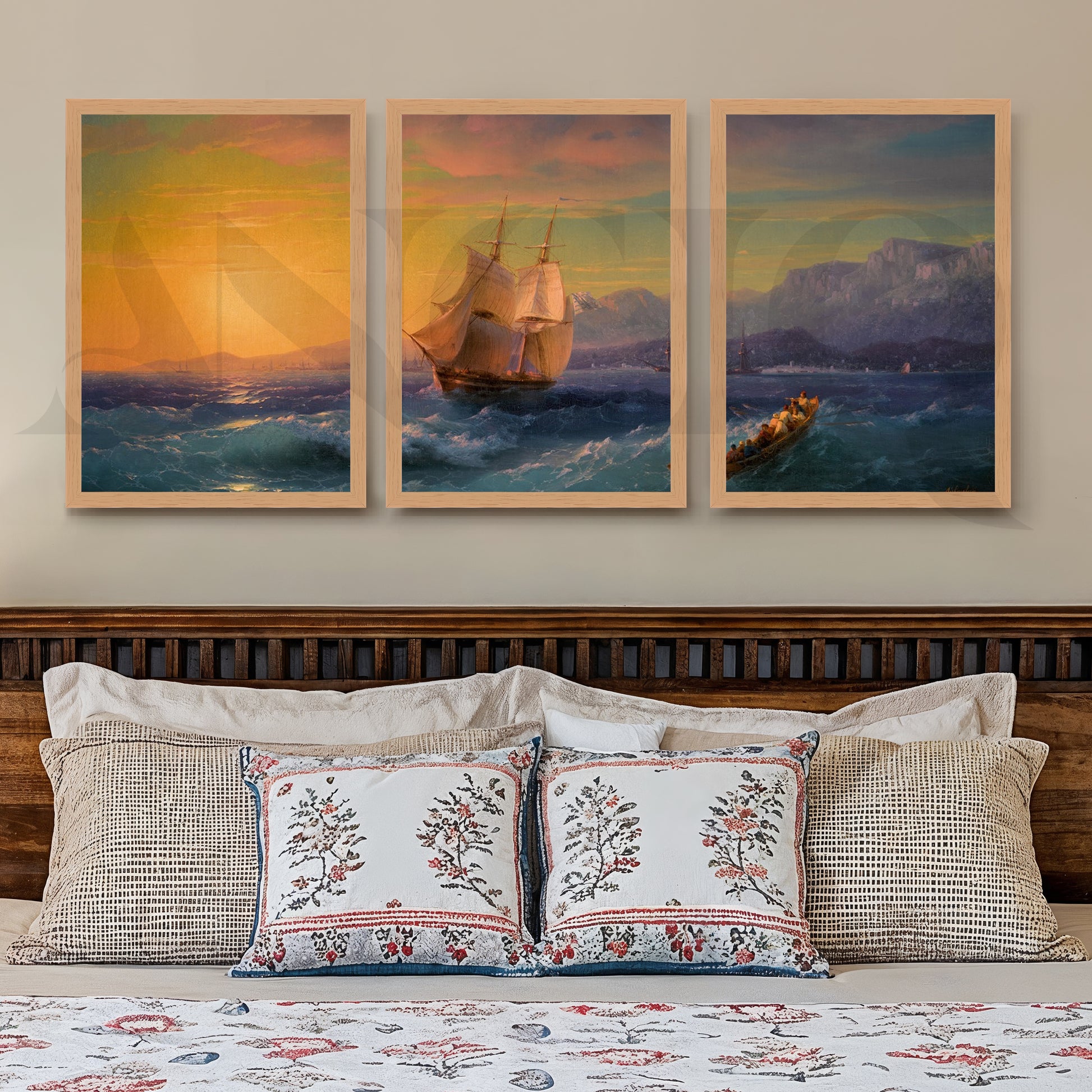 Golden Horizon Sailing Gallery Wall – Set of 3 Vintage Seascape Artworks - 18 x 24 Inches for Stylish Bedroom