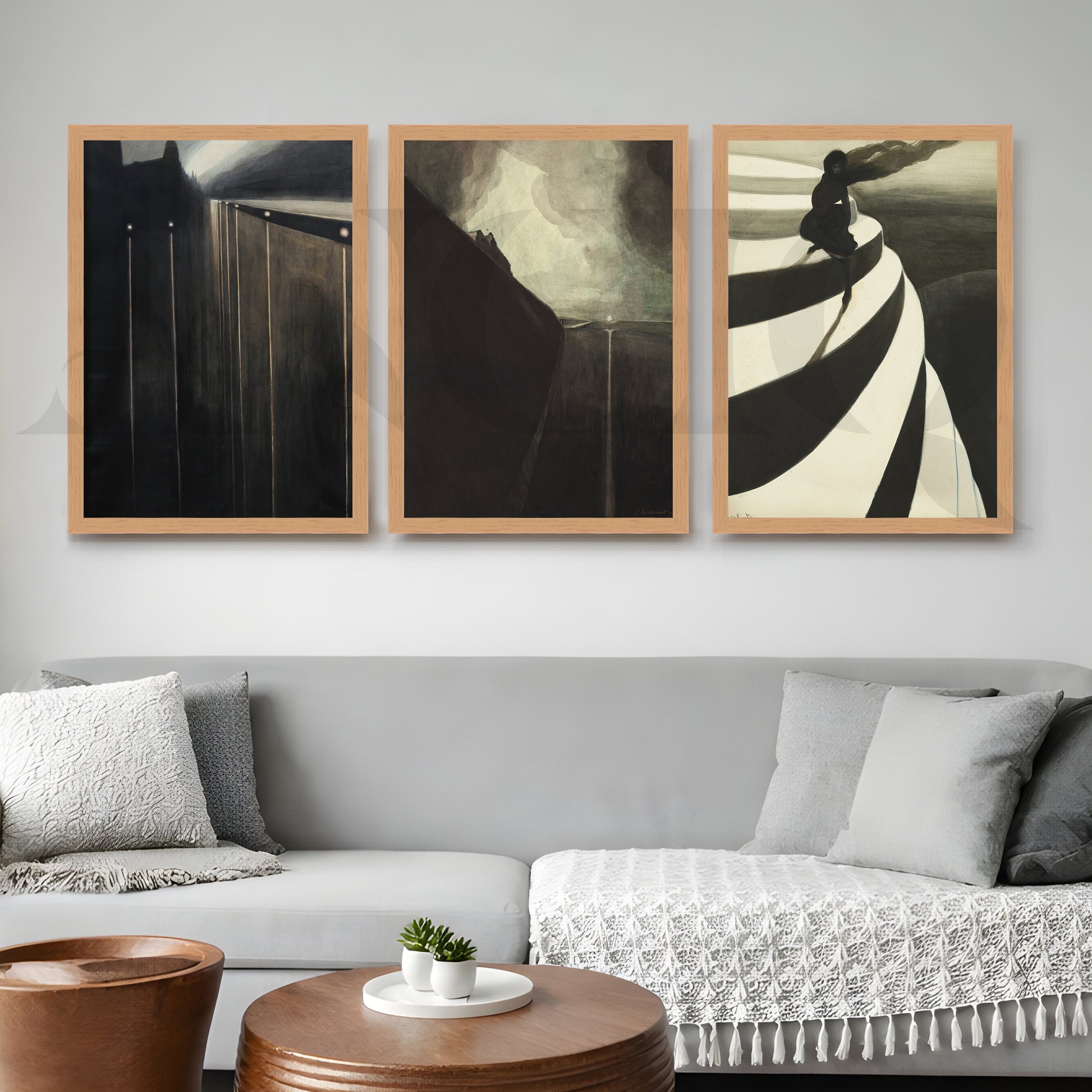 Moody Abstract Noir Gallery Wall – Set of 3 Contemporary Artworks - 18 x 24 Inches for Living Room