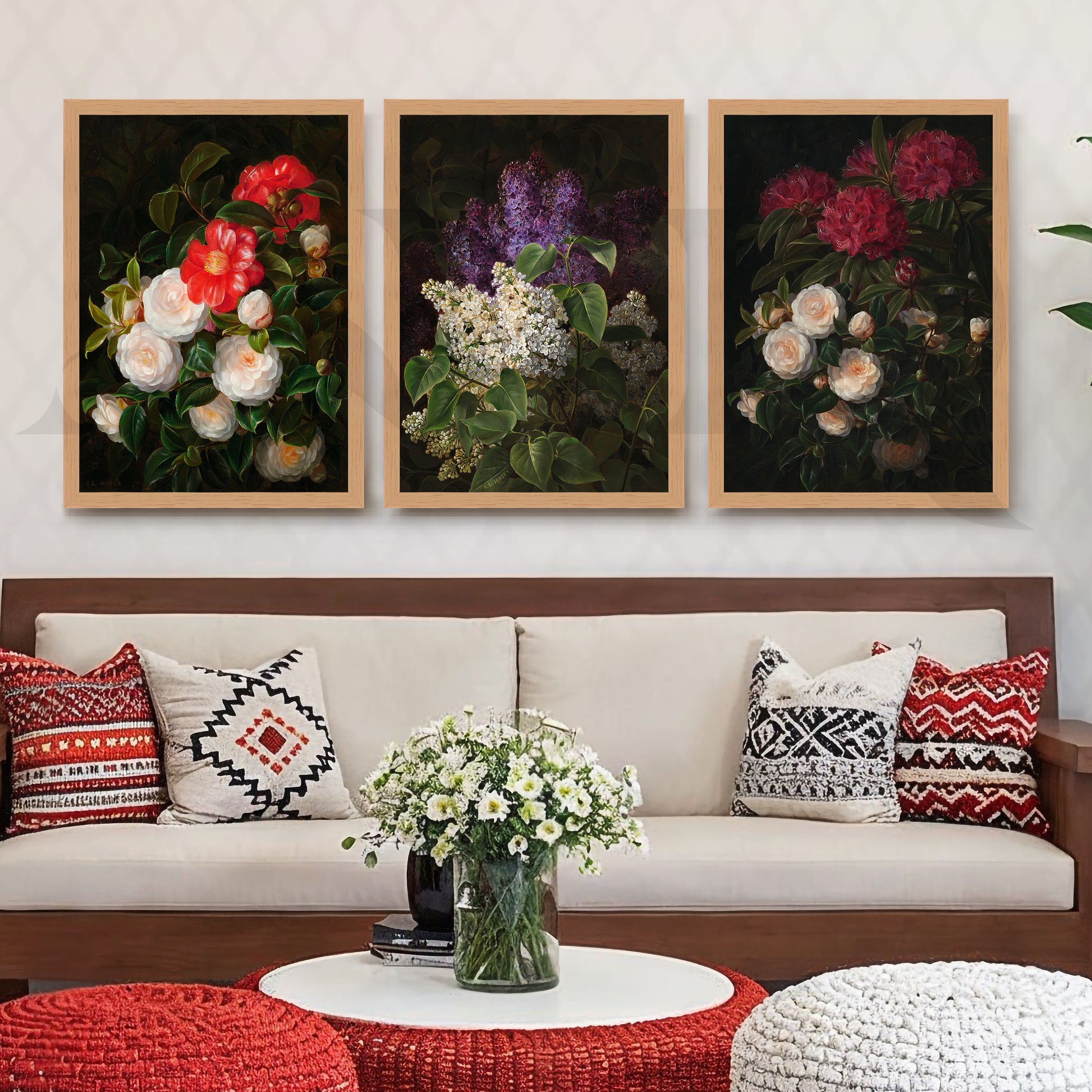 Vintage Botanical Bouquet Gallery Wall – Set of 3 Classic Floral Artworks - 18 x 24 Inches for Living Room