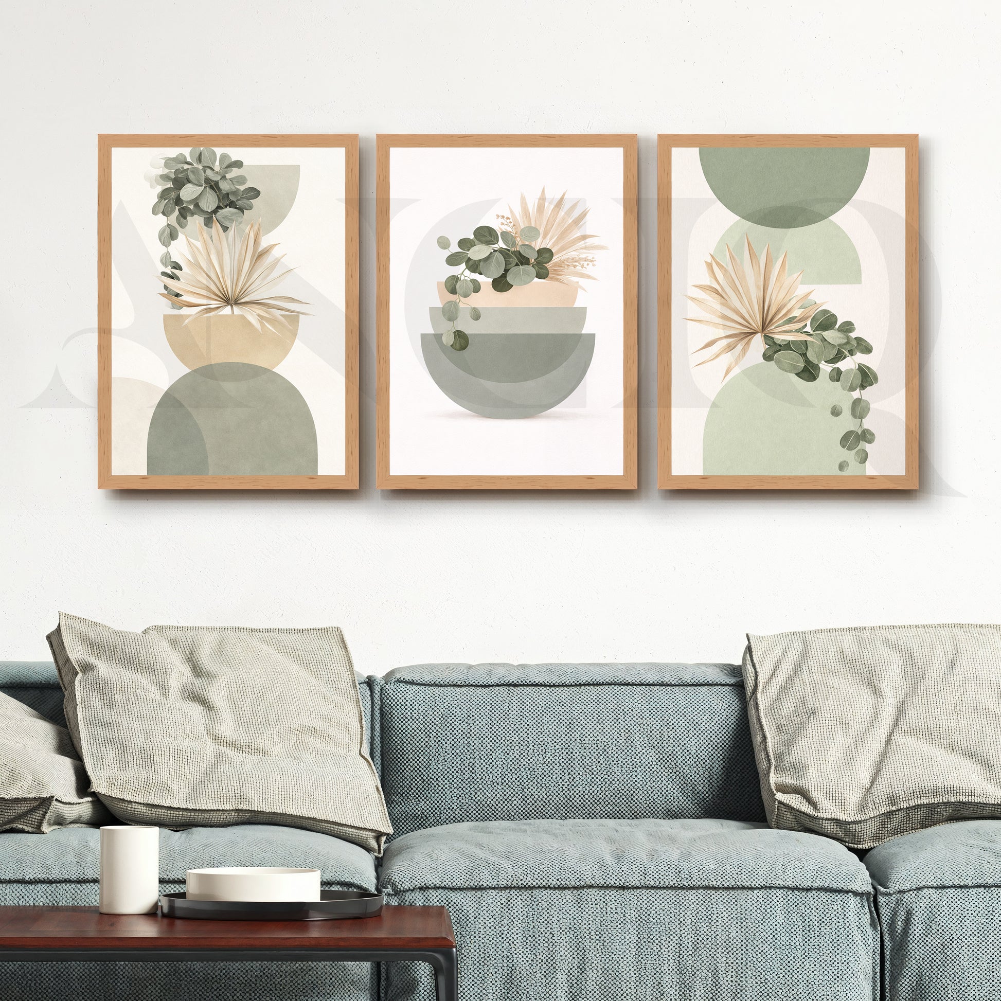 Soft Sage Botanical Balance Gallery Wall – Set of 3 Modern Nature Artworks - 18 x 24 Inches for Living Room