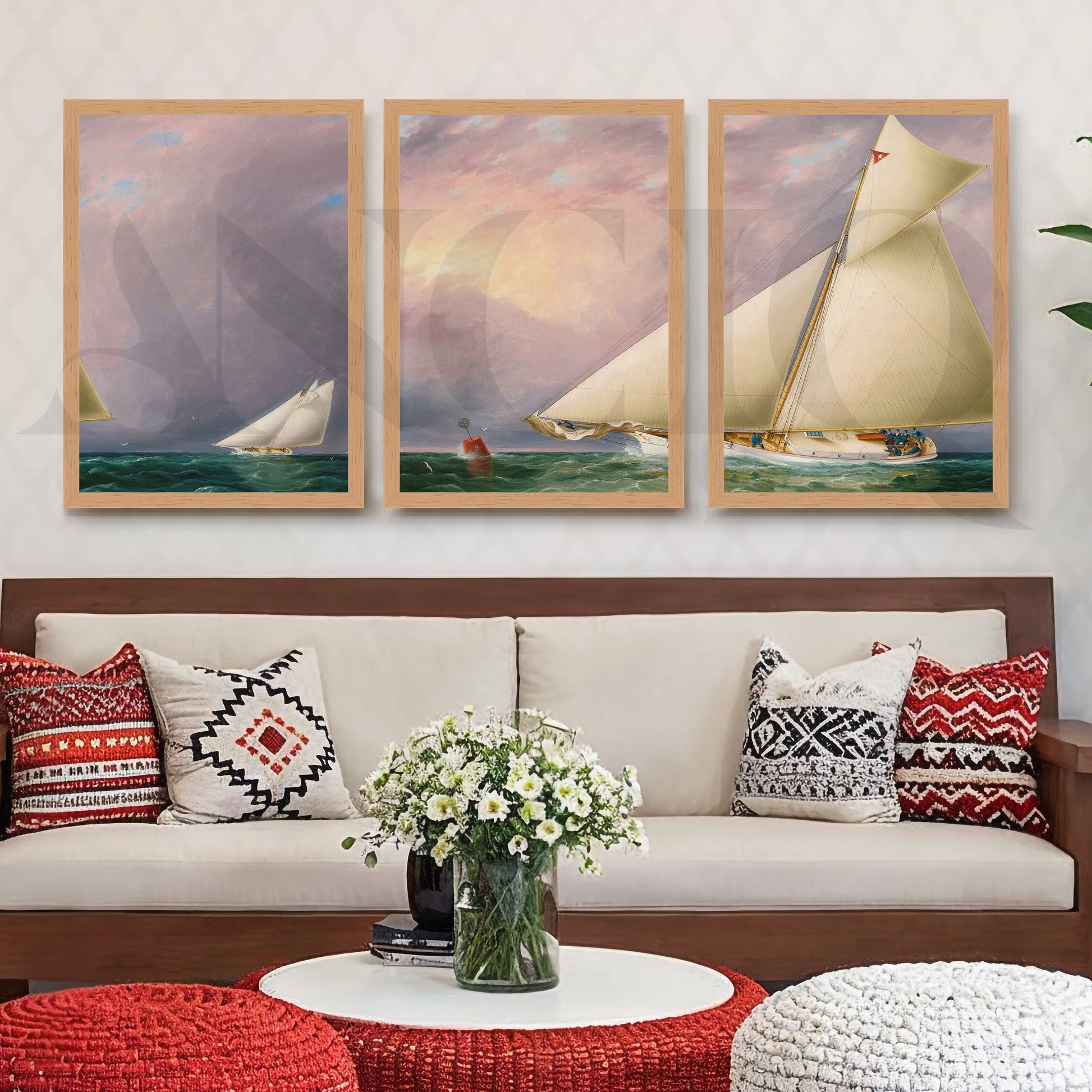 Classic Sailing Regatta Gallery Wall – Set of 3 Nautical Artworks - 18 x 24 Inches for Living Room