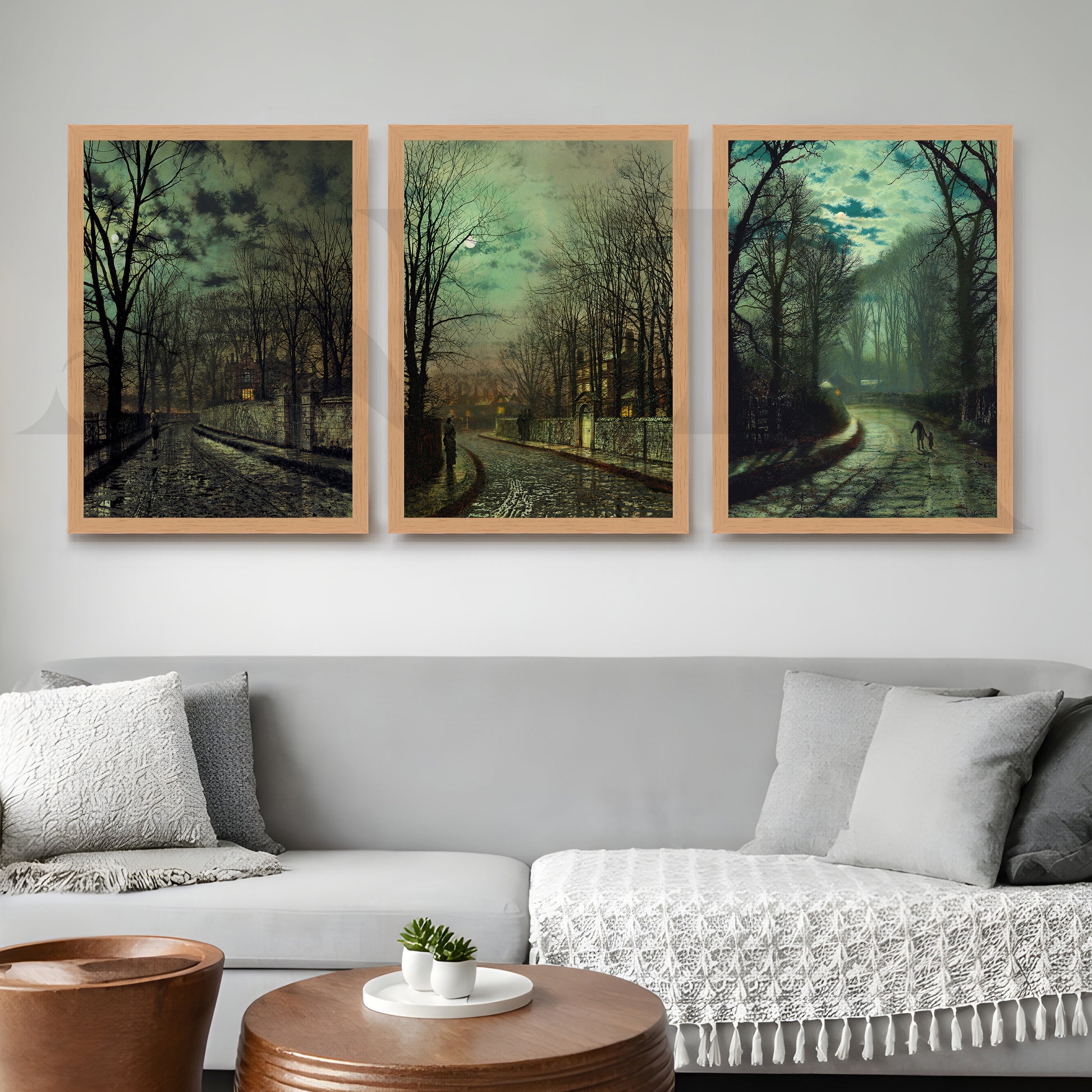 Moody Twilight Streetscape Gallery Wall – Set of 3 Atmospheric Artworks - 18 x 24 Inches for Living Room