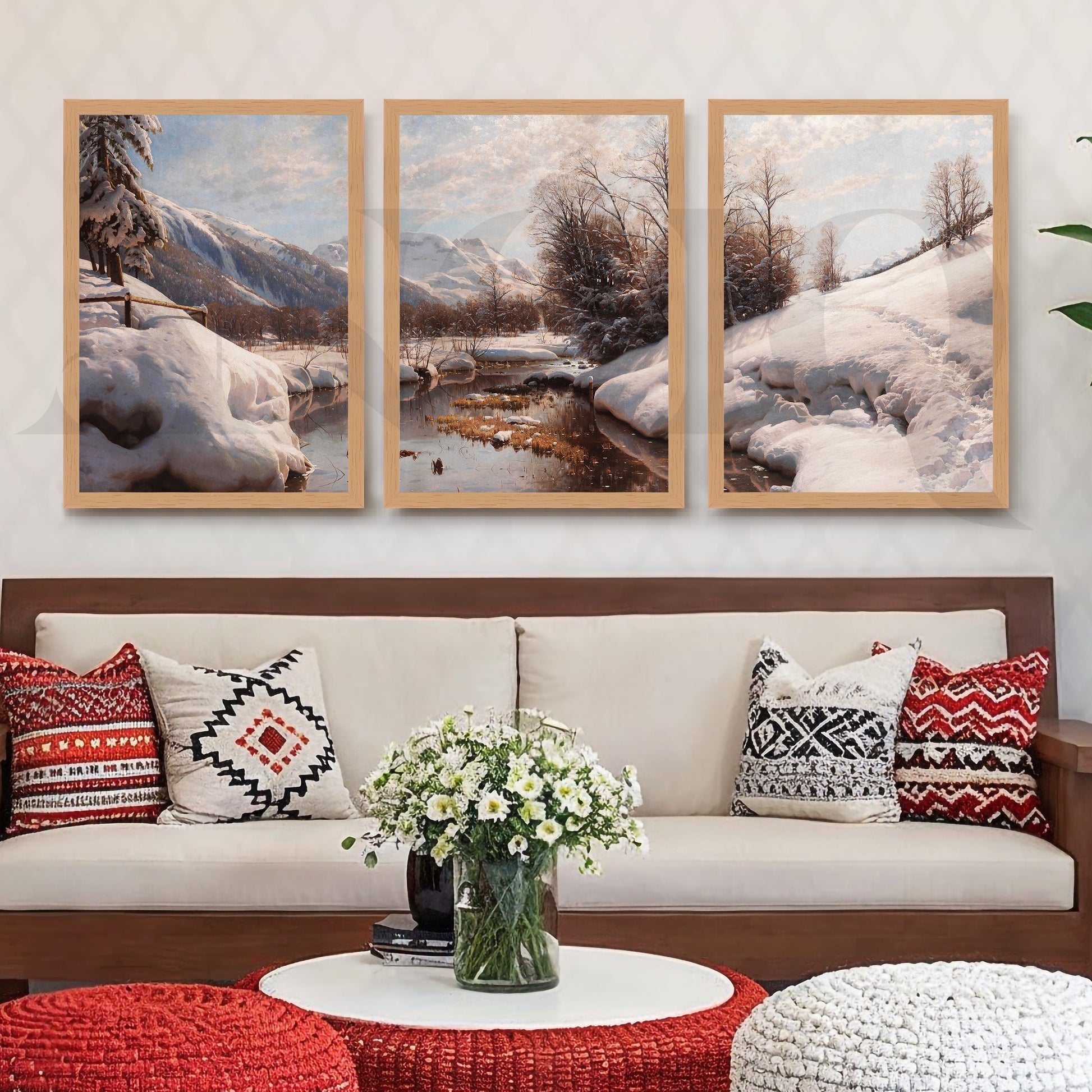 Snowy Alpine River Landscape Gallery Wall – Set of 3 Winter Nature Artworks - 18 x 24 Inches for Living Room