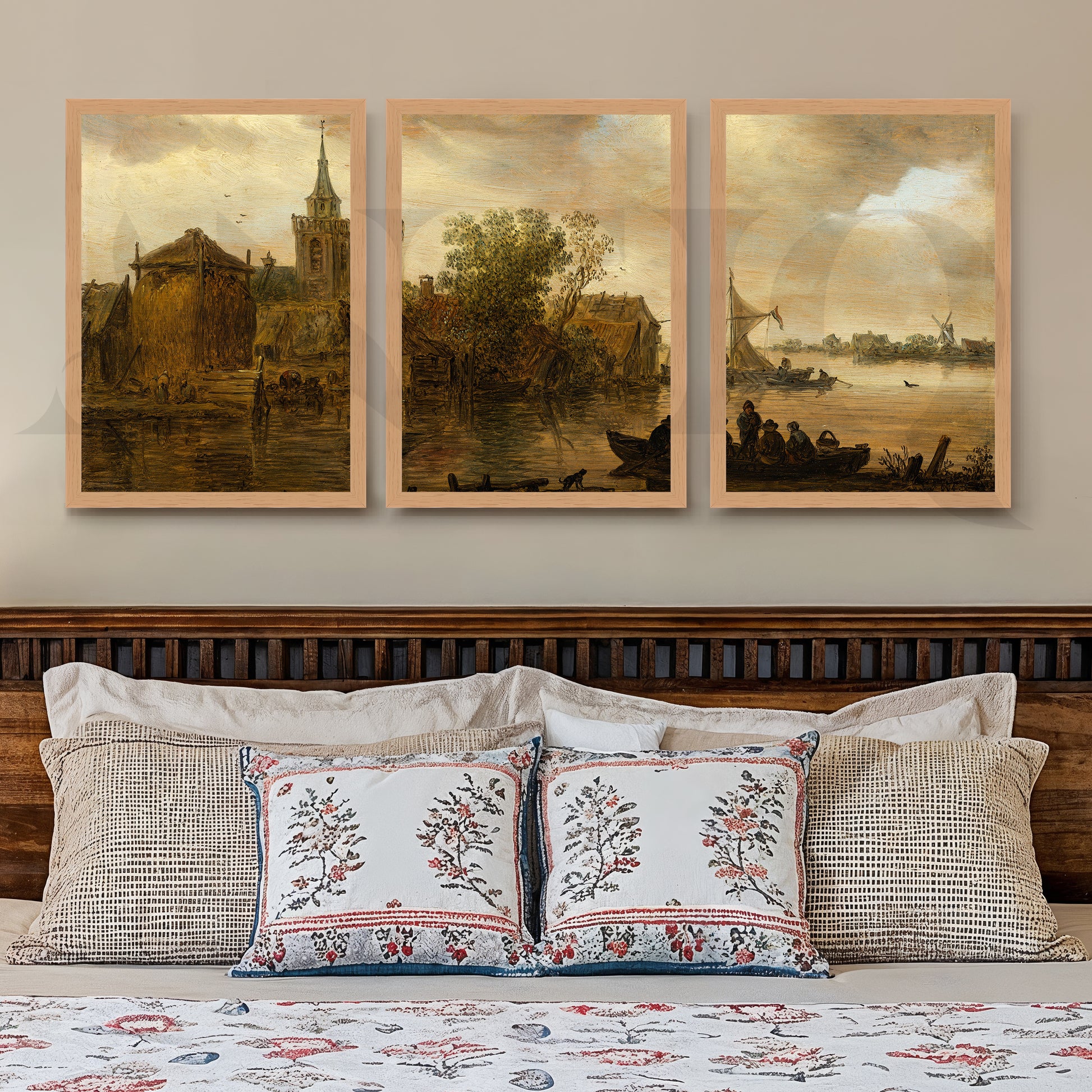 Vintage Riverside Village Gallery Wall – Set of 3 Classic Landscape Artworks - 18 x 24 Inches for Stylish Bedroom