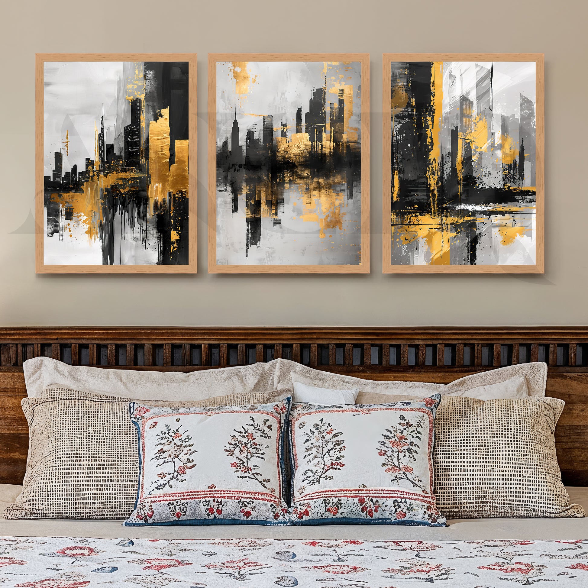 Golden Urban Skyline Gallery Wall – Set of 3 Modern Cityscape Artworks - 18 x 24 Inches for Stylish Bedroom