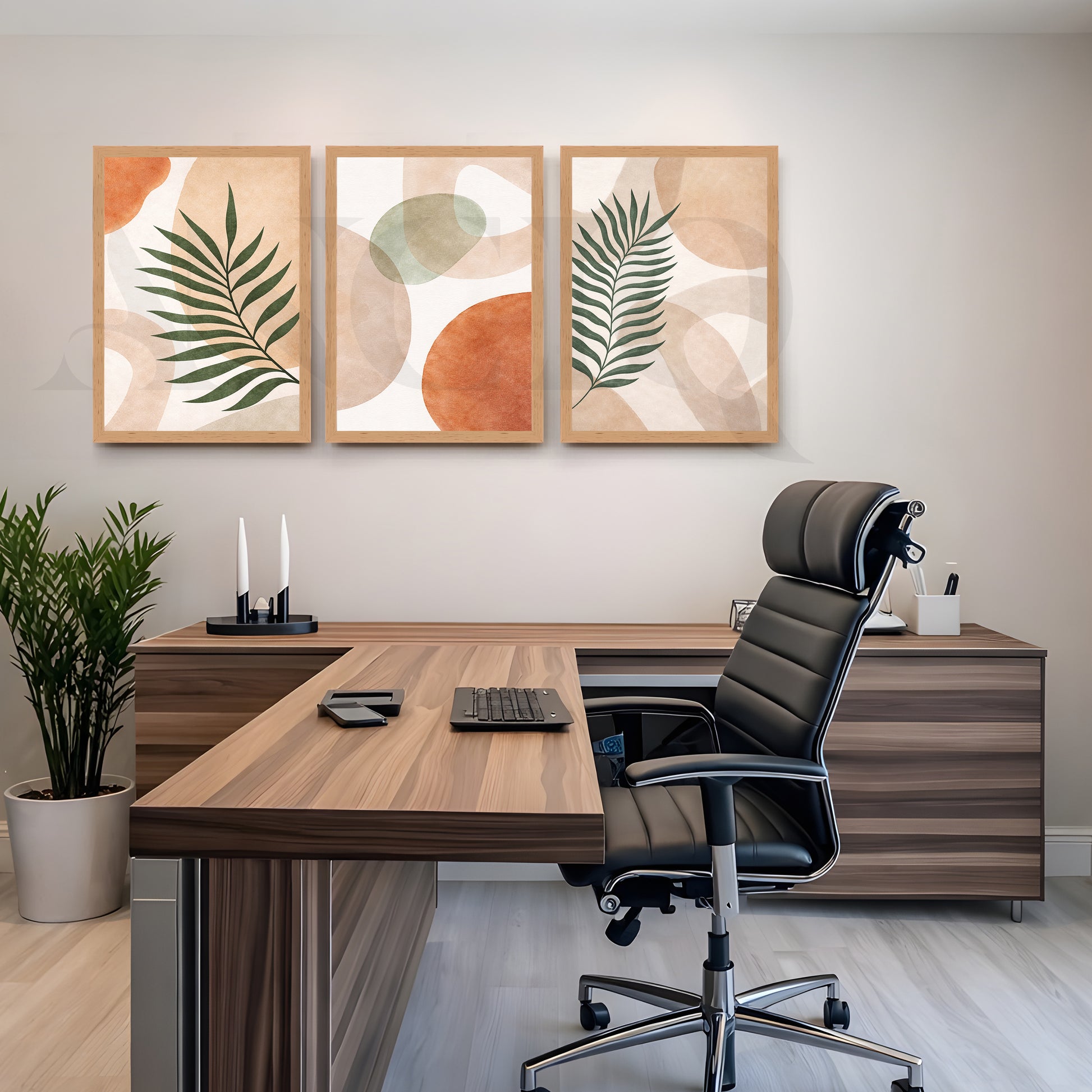 Modern Botanical Abstract Harmony Gallery Wall – Set of 3 Contemporary Artworks - 18 x 24 Inches for Office/Study Room