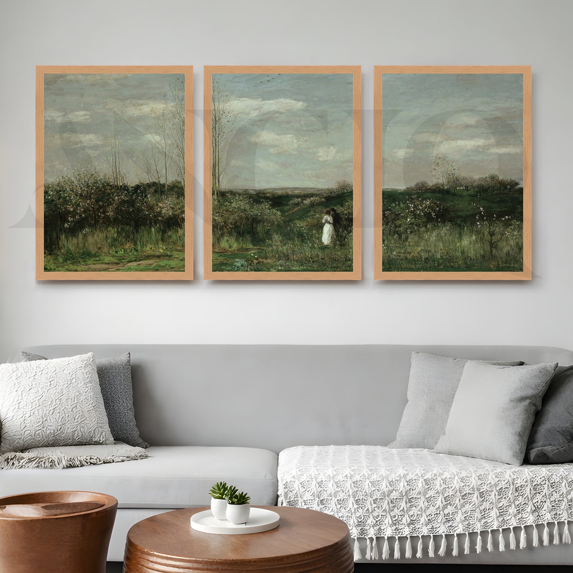 Serene Countryside Meadow Gallery Wall – Set of 3 Classic Landscape Artworks - 18 x 24 Inches for Living Room