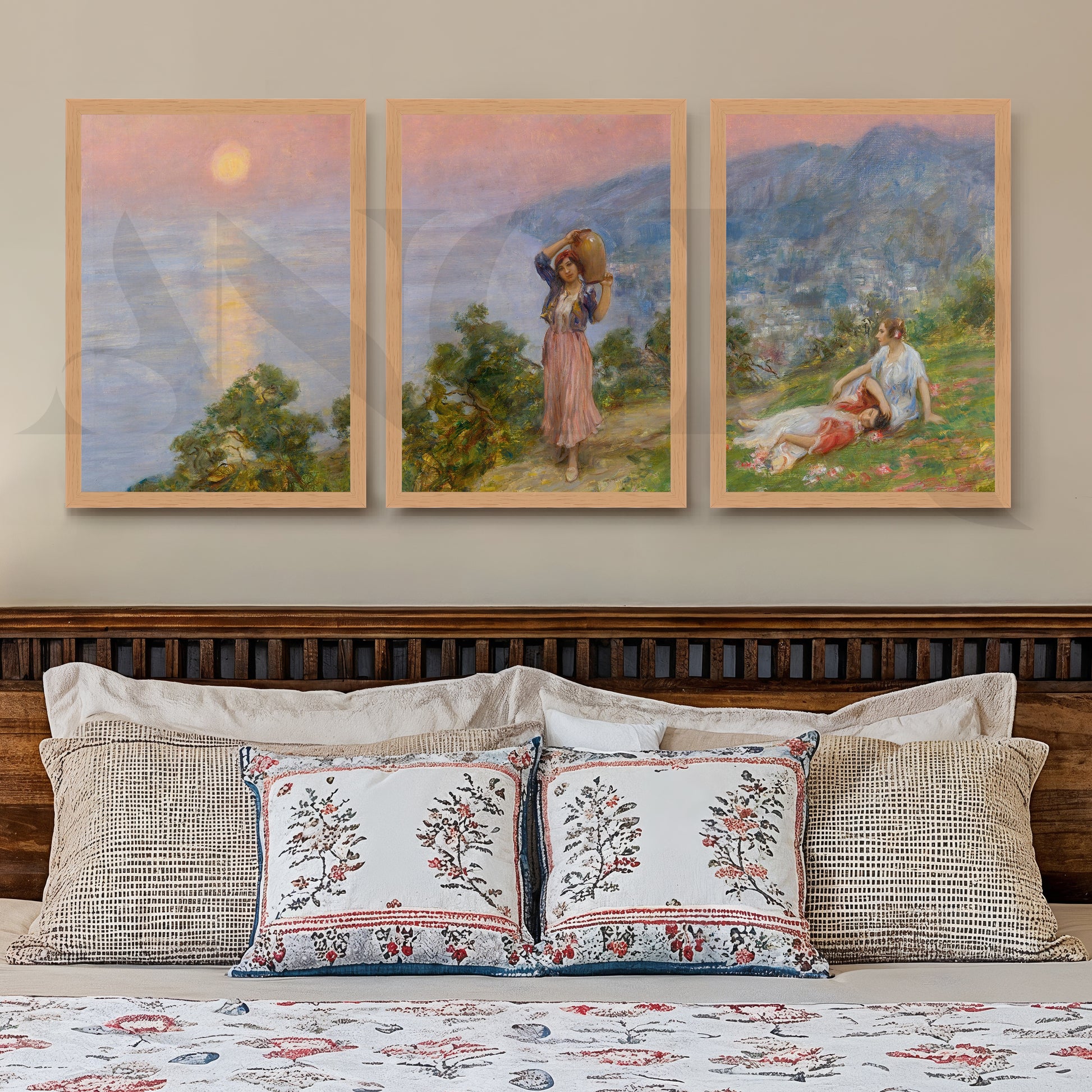 Pastoral Sunset Figures Gallery Wall – Set of 3 Impressionist Landscape Artworks - 18 x 24 Inches for Stylish Bedroom