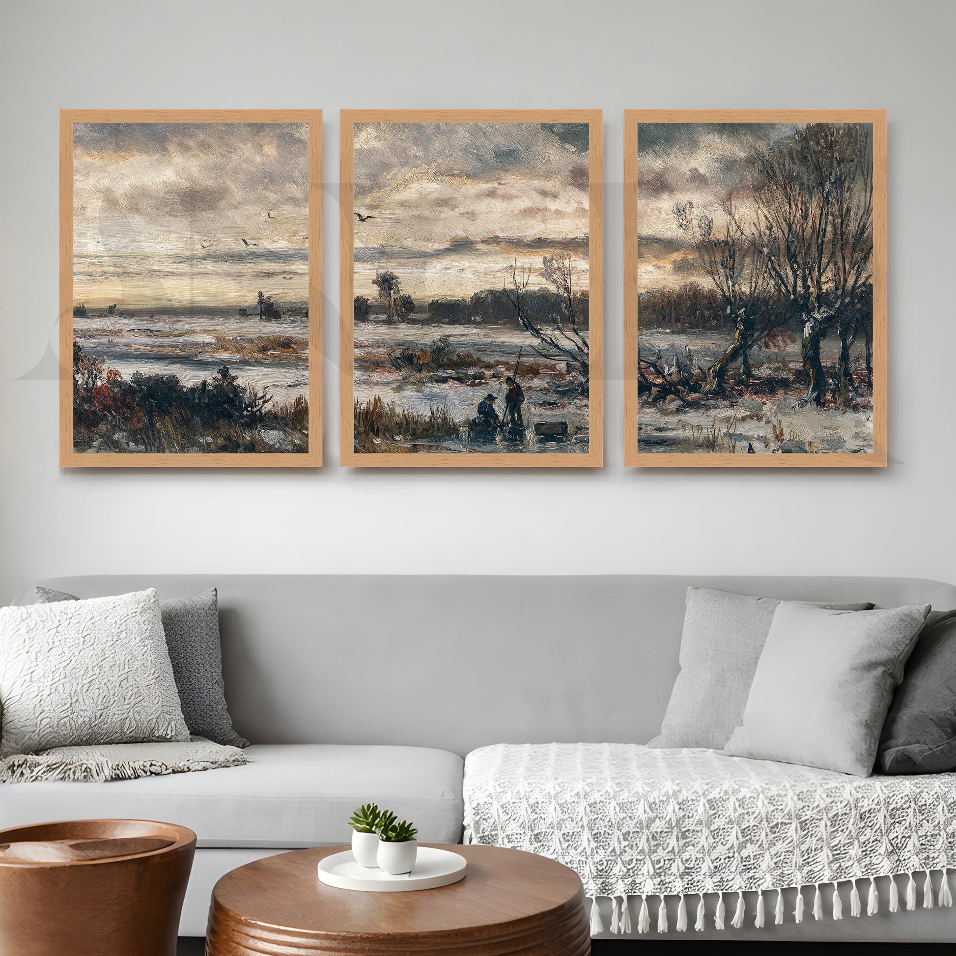 Moody Winter Countryside Gallery Wall – Set of 3 Atmospheric Landscape Artworks - 18 x 24 Inches for Living Room