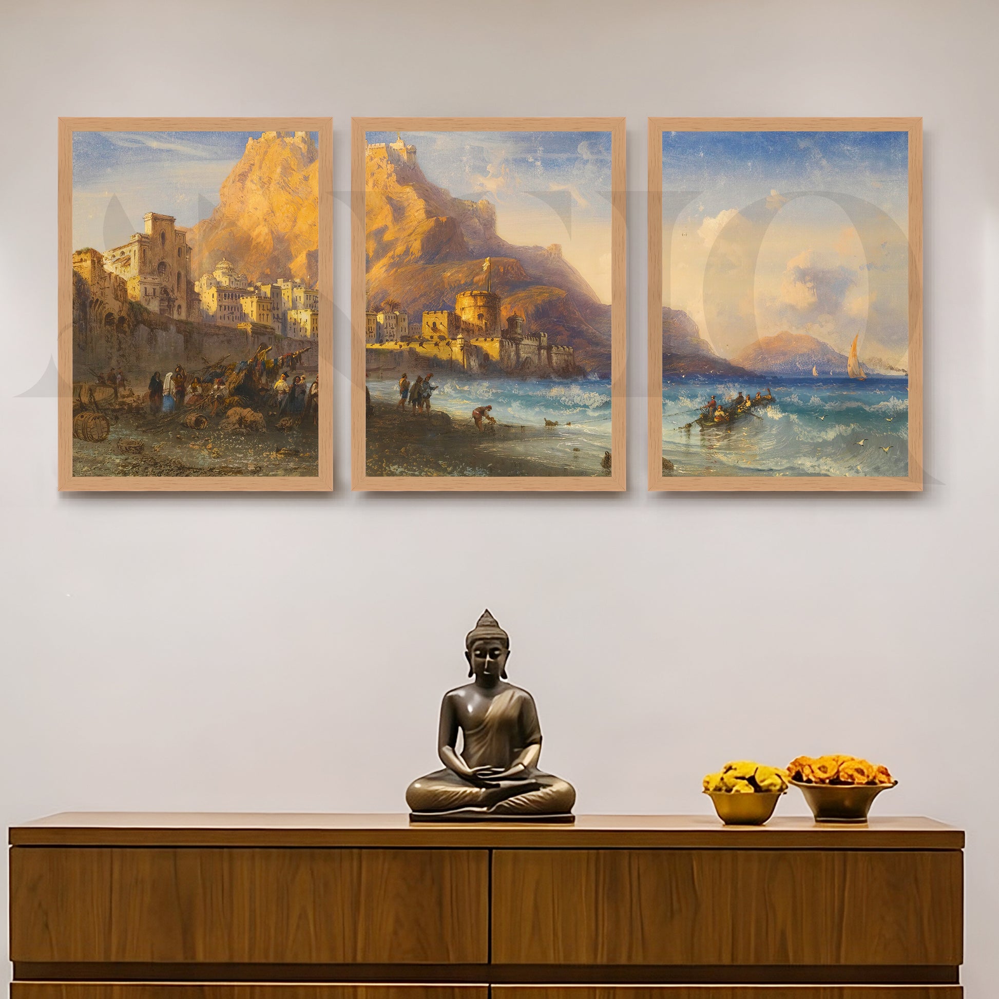 Coastal Mountain Harbour Gallery Wall – Set of 3 Mediterranean Landscape Artworks - 18 x 24 Inches for Entryway/Hallway