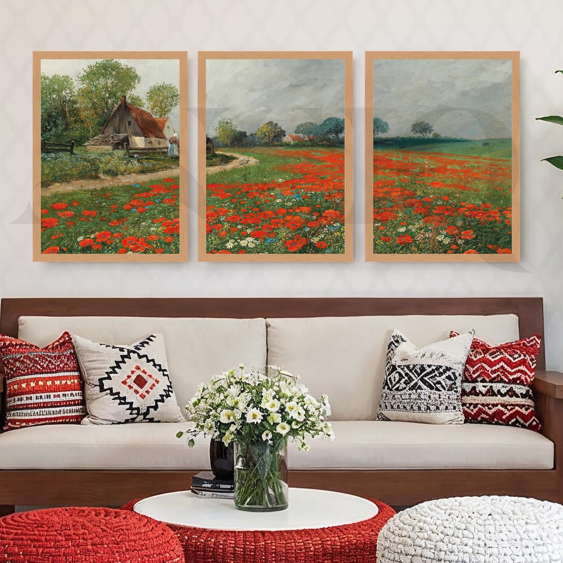 Rustic Poppy Field Landscape Gallery Wall – Set of 3 Impressionist Artworks - 18 x 24 Inches for Living Room