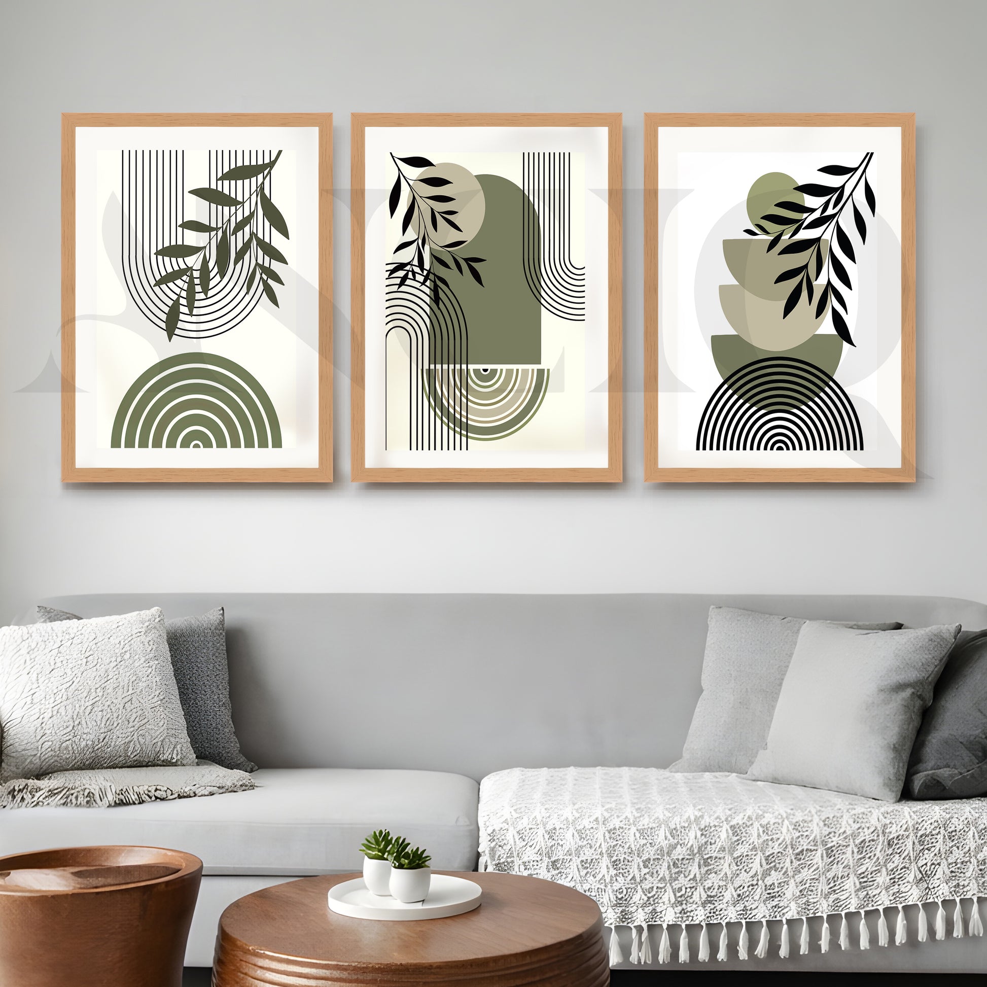 Minimal Botanical Geometry Gallery Wall – Set of 3 Modern Abstract Artworks - 18 x 24 Inches for Living Room