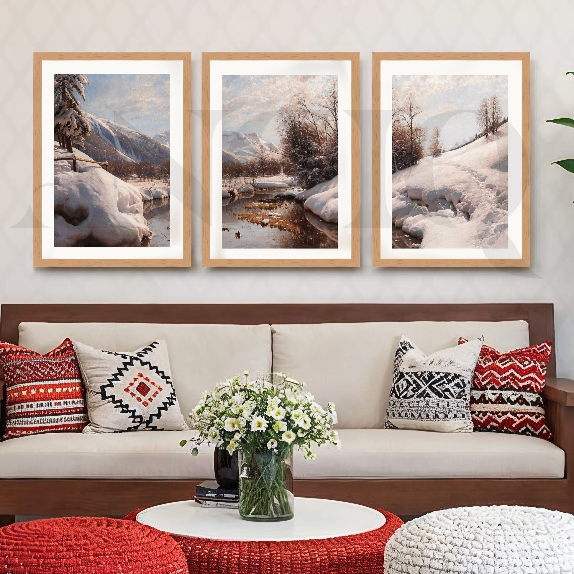 Snowy Alpine River Landscape Gallery Wall – Set of 3 Winter Nature Artworks - 18 x 24 Inches for Living Room