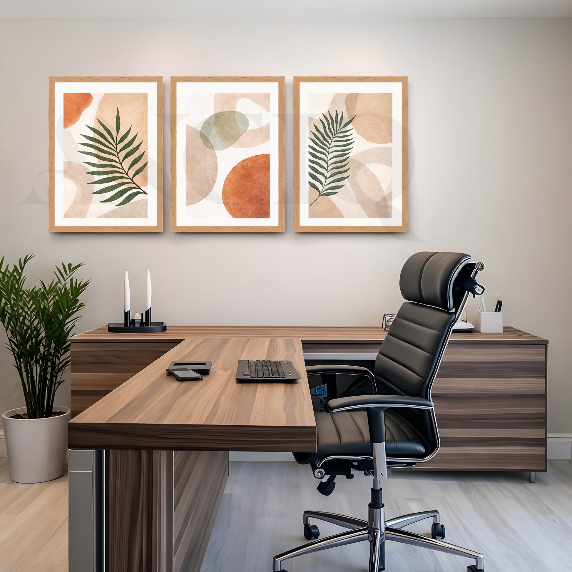 Modern Botanical Abstract Harmony Gallery Wall – Set of 3 Contemporary Artworks - 18 x 24 Inches for Office/Study Room