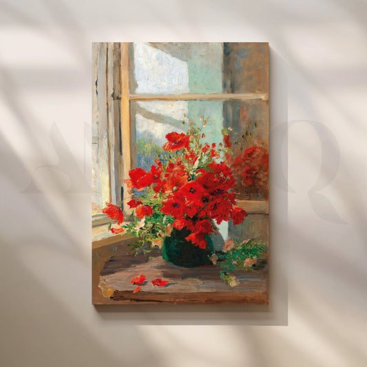 Red Poppies by Window Canvas Artwork with Gallery Wrap