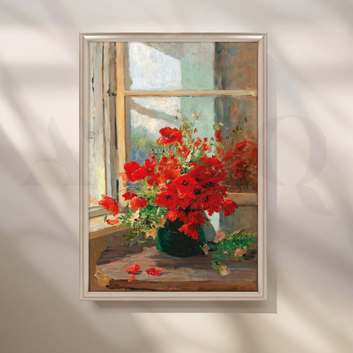 Red Poppies by Window Canvas Artwork with Moonlit Steel Frame Style