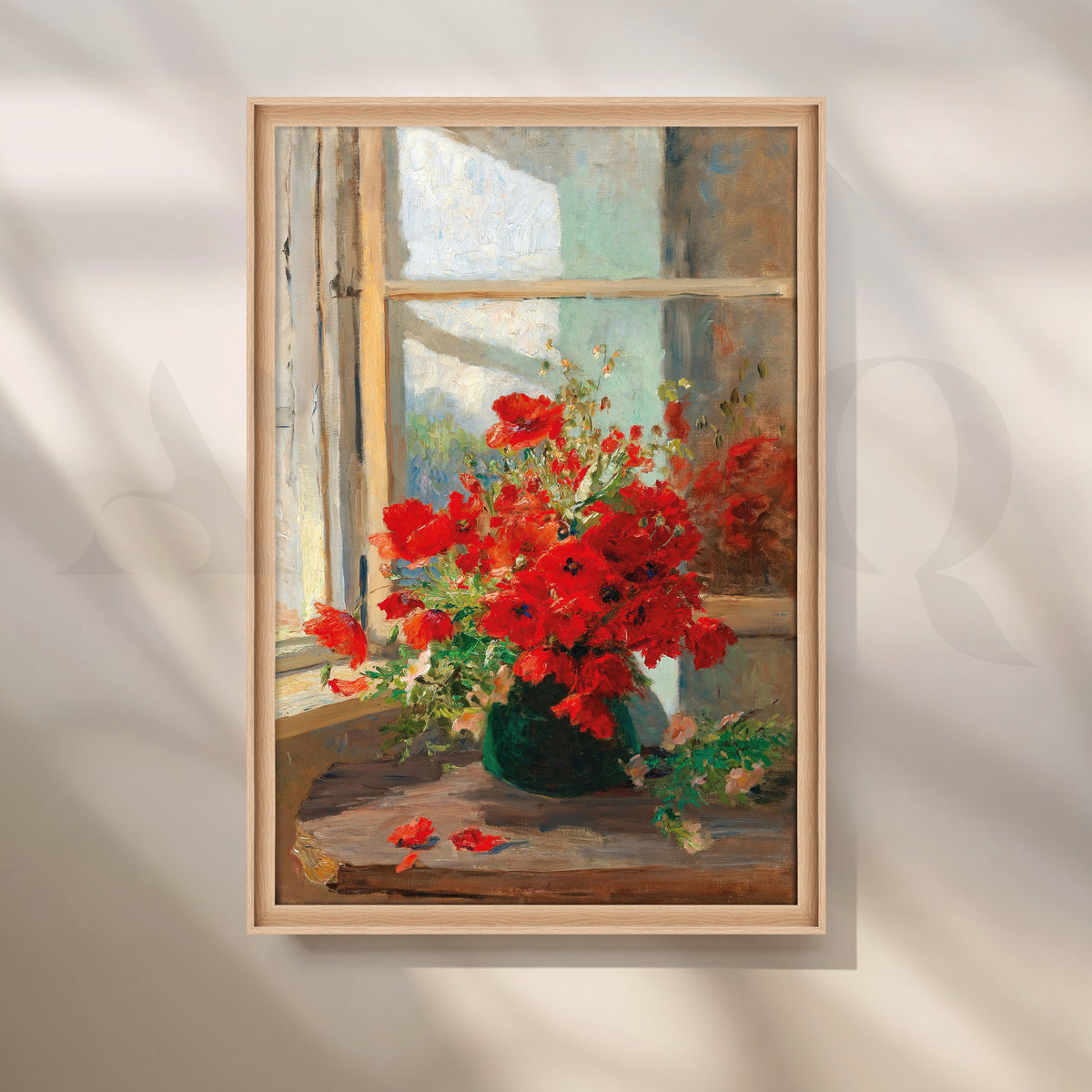 Red Poppies by Window Canvas Artwork with Nordic Float Frame Style