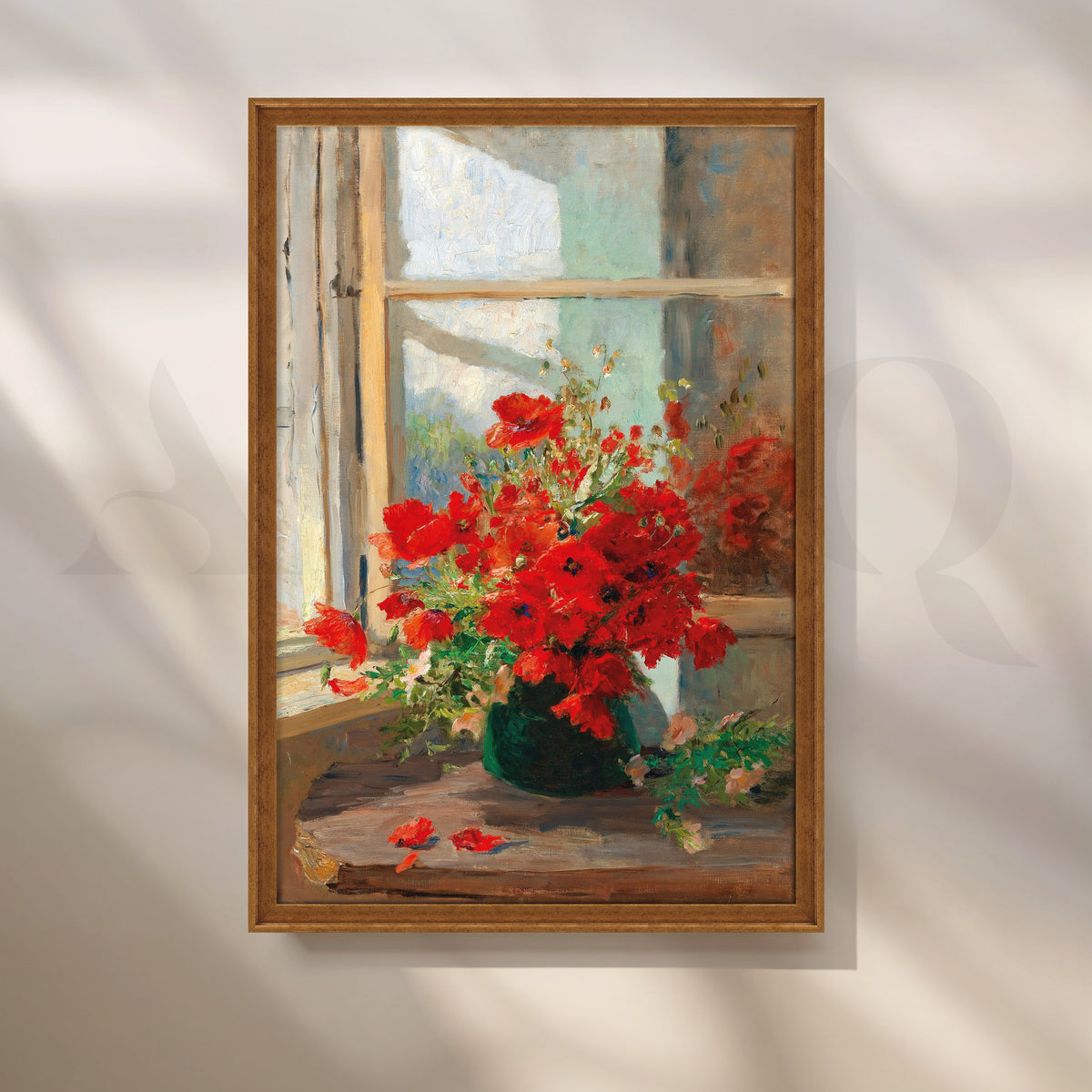 Red Poppies by Window Canvas Artwork with Vitage Ember Frame Style