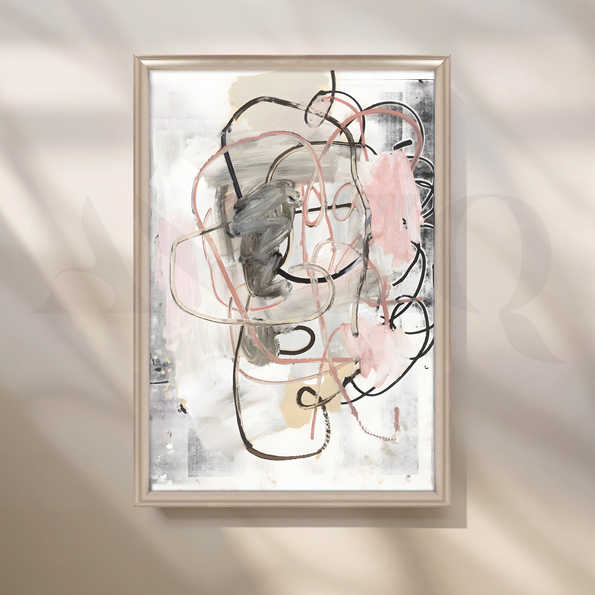 Soft Blush and Grey Abstract Canvas Artwork for Stylish Bedroom