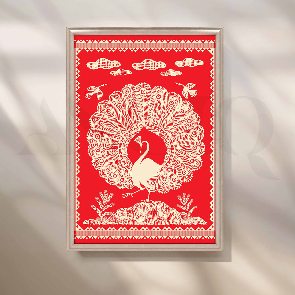 Warli Peacock Canvas Artwork with Moonlit Steel Frame Style