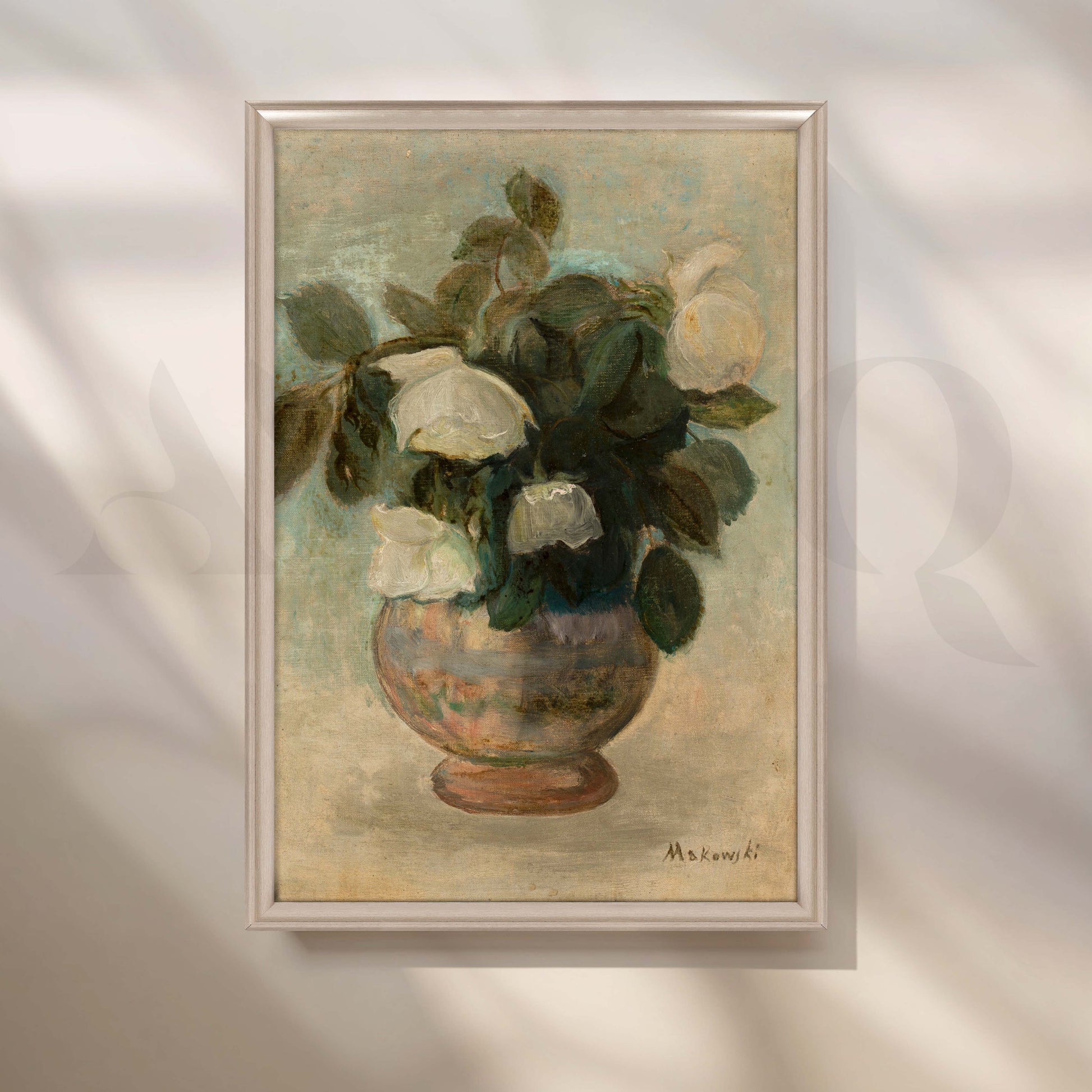Vintage White Floral Vase Canvas Artwork for Entryway/Hallway