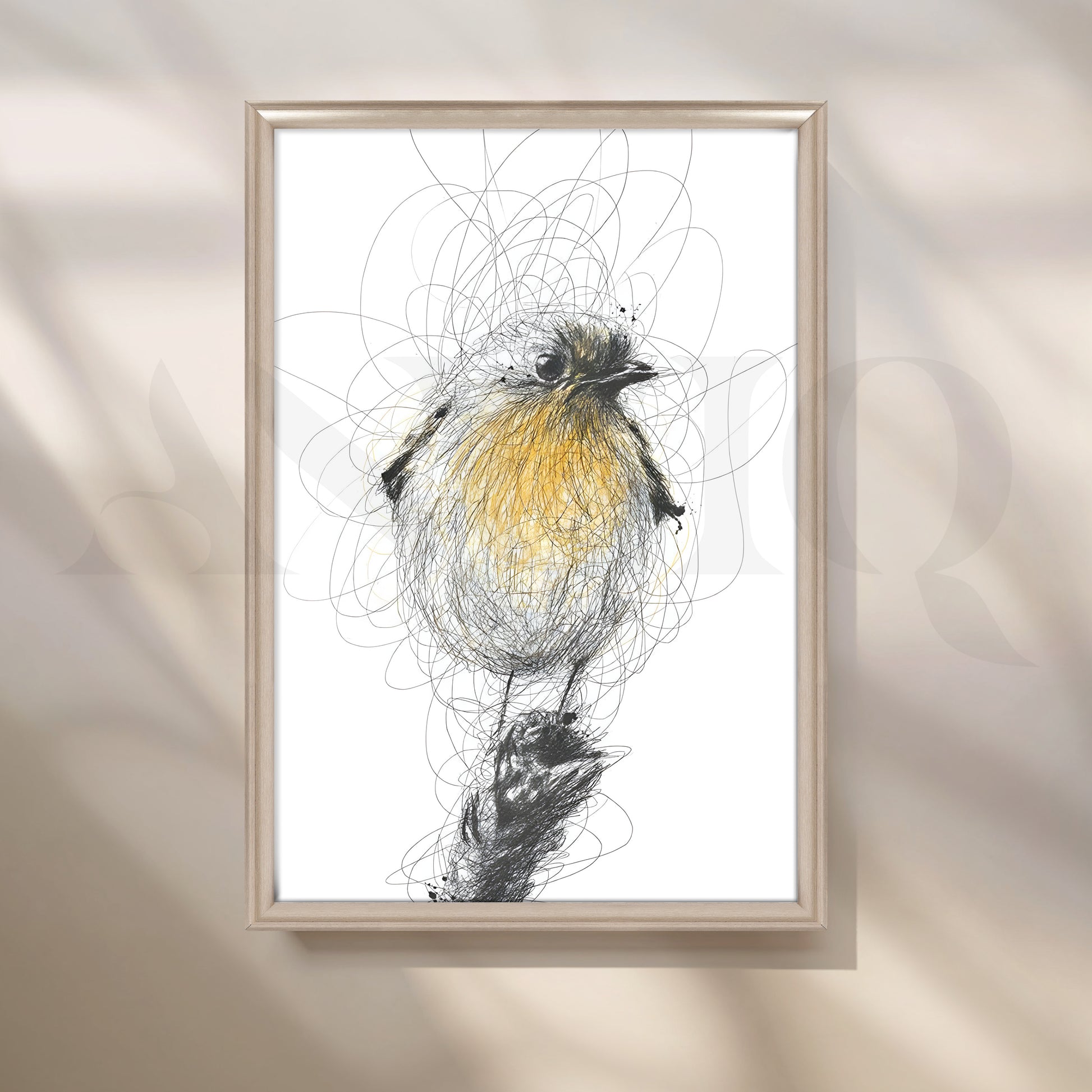Yellow Songbird Sketch Canvas Artwork for Stylish Bedroom