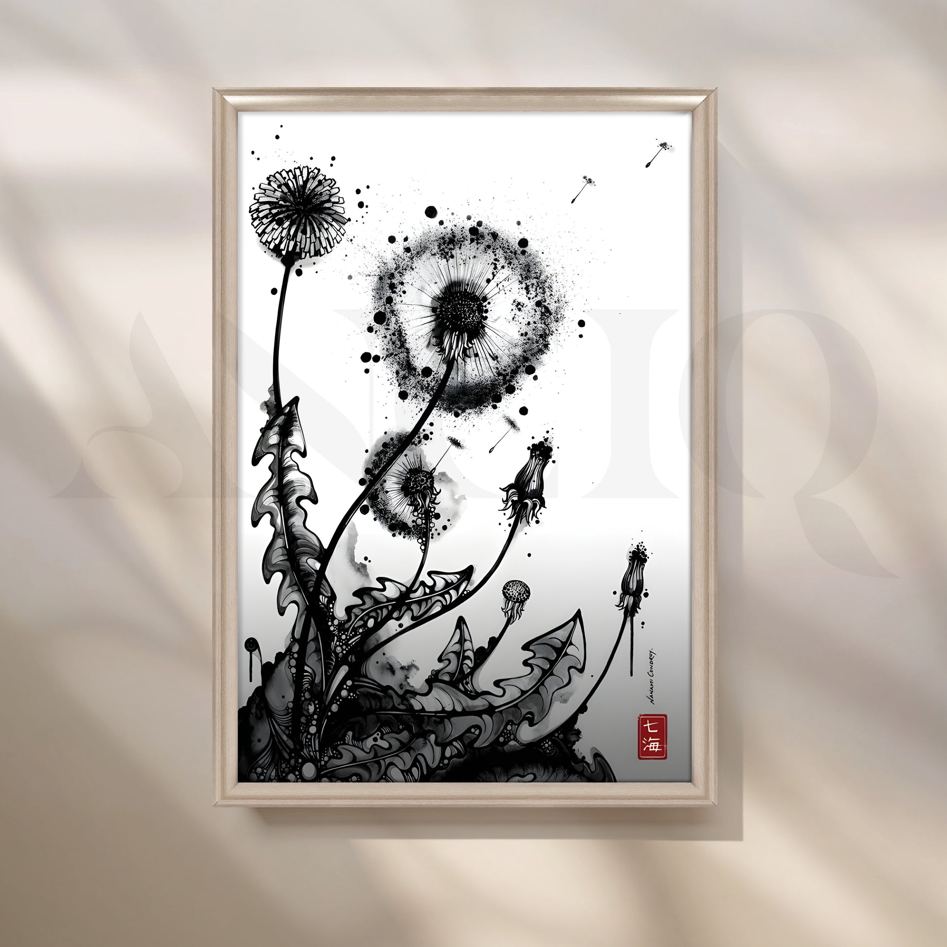 Monochrome Dandelion Ink Botanical Artwork for Living Room