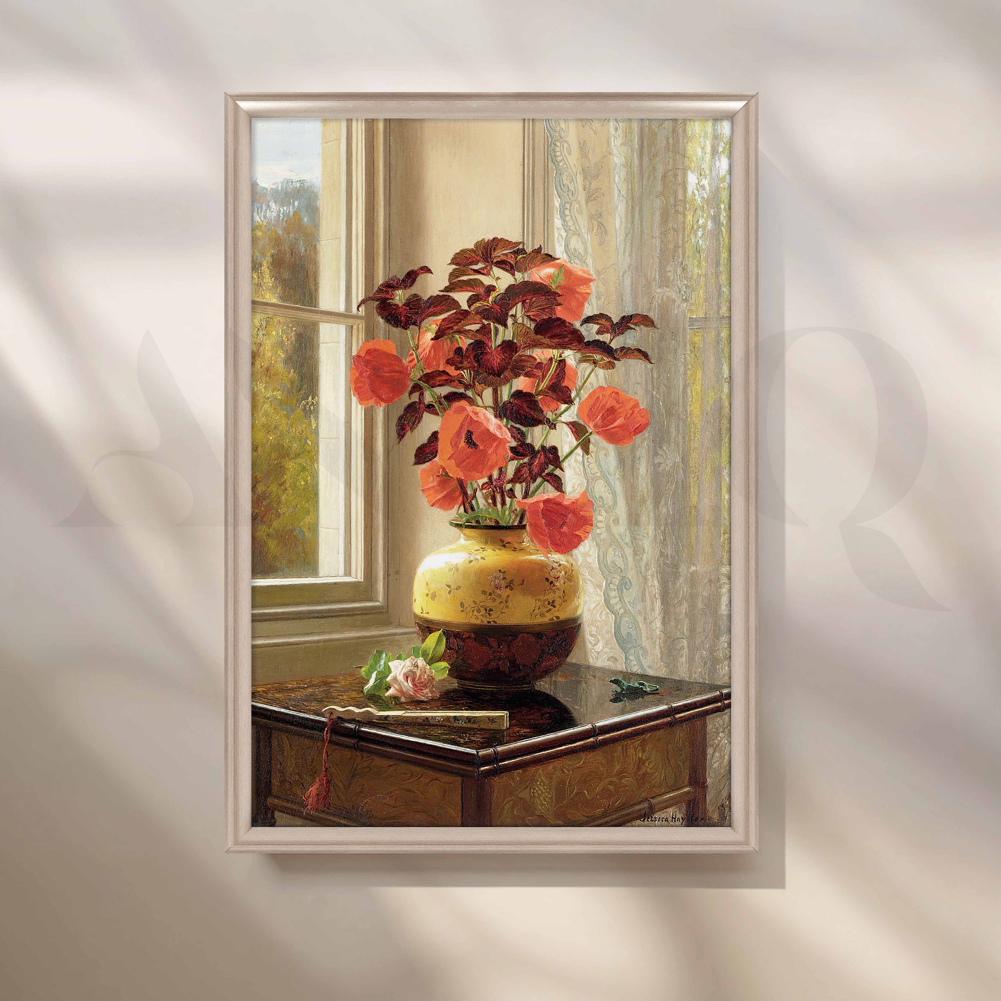 Vintage Poppy Vase by Window Canvas Artwork for Stylish Bedroom