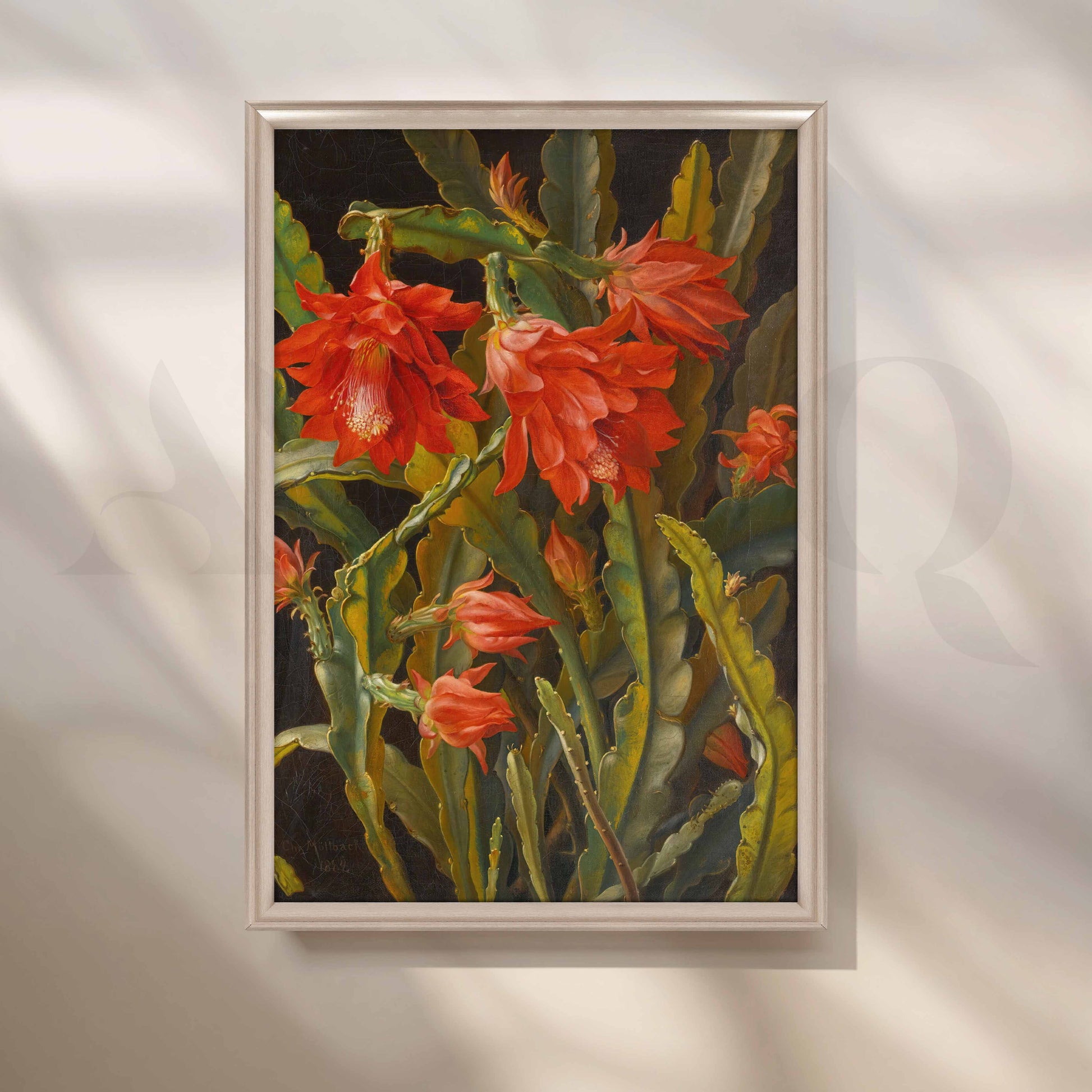 Vintage Red Cactus Bloom Canvas Artwork for Entryway/Hallway