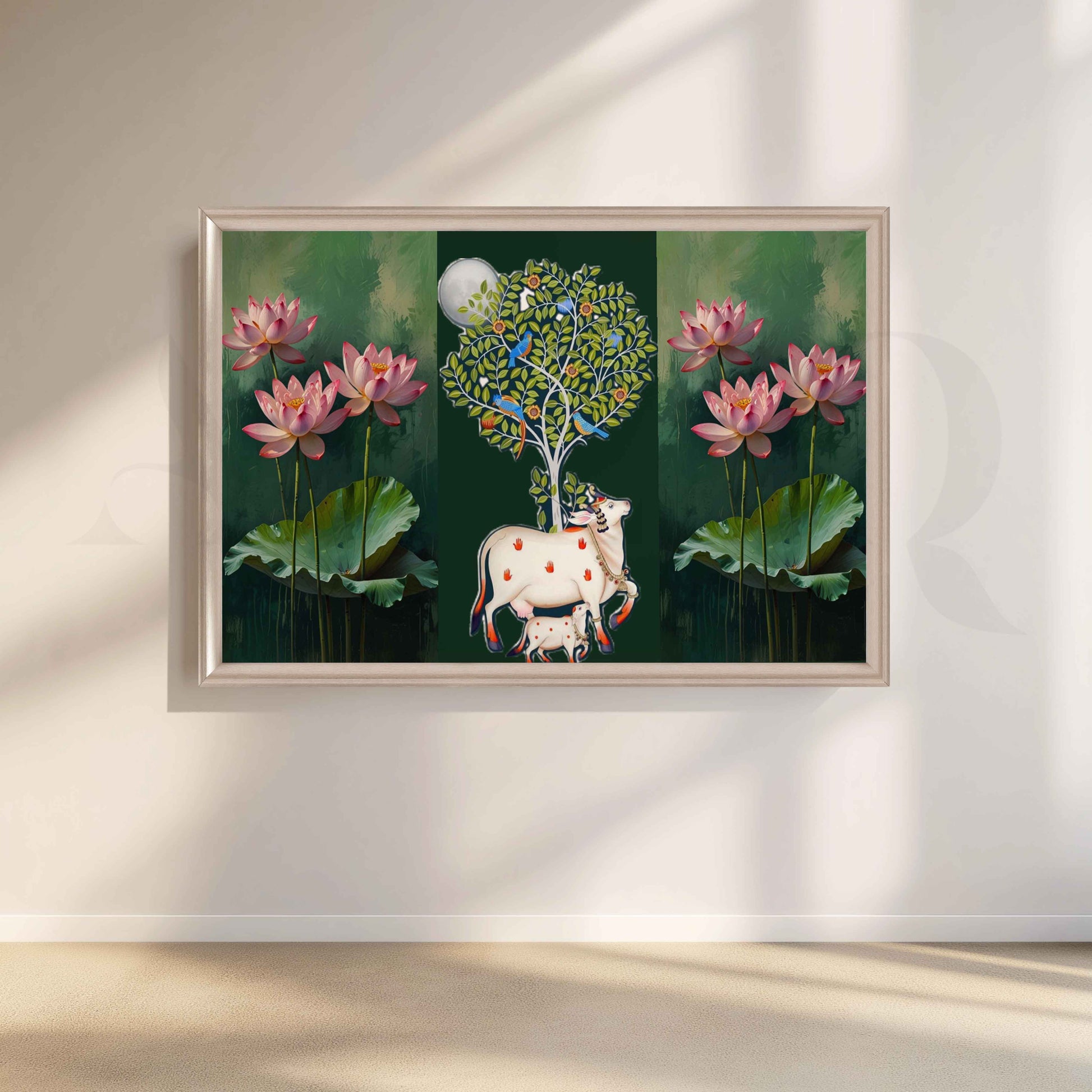 Lotus and Sacred Cow Botanical Canvas Artwork for Stylish Bedroom